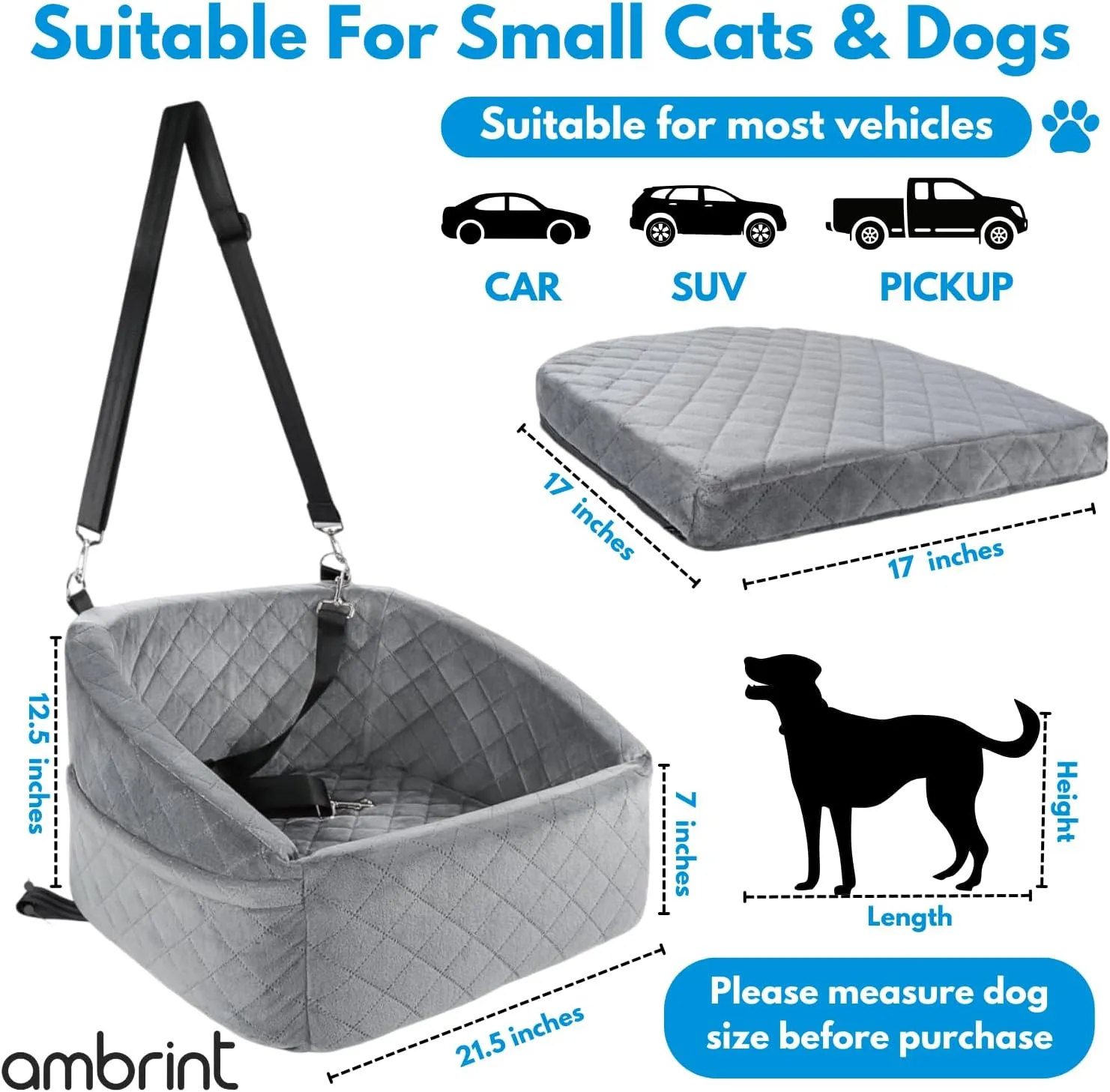 Dog Car Seat for Small Medium Sized Dogs & Cats  Booster Seat with Safety Belt, Non-Slip Bottom, Washable Bed, Storage Pockets  Pet Car Seat for Dogs/Puppy Cats Under 5-35 lbs (Grey)