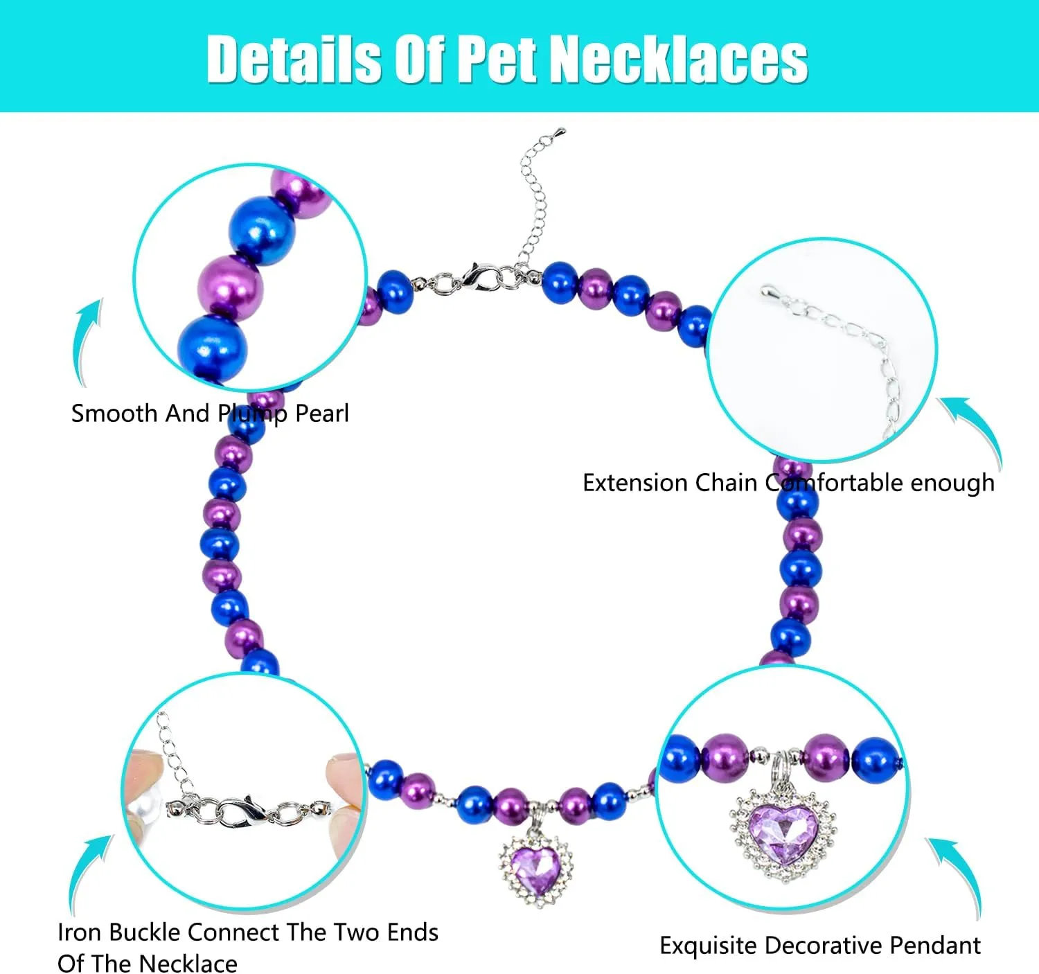 Dog Cat Collar Pearl Necklace, Purple and Blue Beads with Shiny Rhinestone Diamond Pendant and Silver Beads, Adjustable Puppy Jewelry for Medium Large Pet, L 14IN