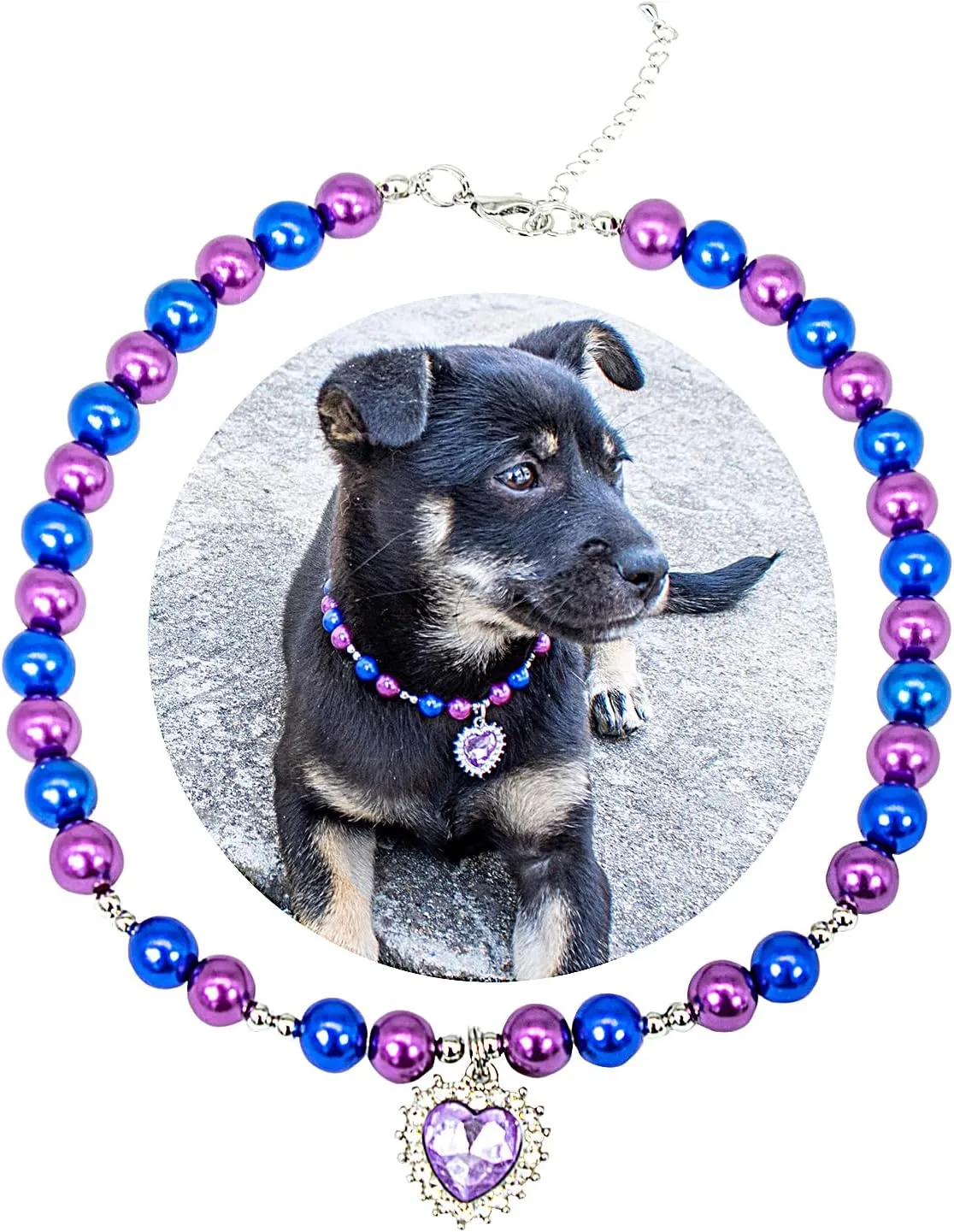 Dog Cat Collar Pearl Necklace, Purple and Blue Beads with Shiny Rhinestone Diamond Pendant and Silver Beads, Adjustable Puppy Jewelry for Medium Large Pet, L 14IN