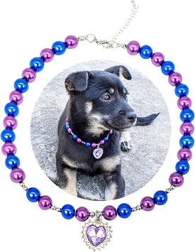 Dog Cat Collar Pearl Necklace, Purple and Blue Beads with Shiny Rhinestone Diamond Pendant and Silver Beads, Adjustable Puppy Jewelry for Medium Large Pet, L 14IN