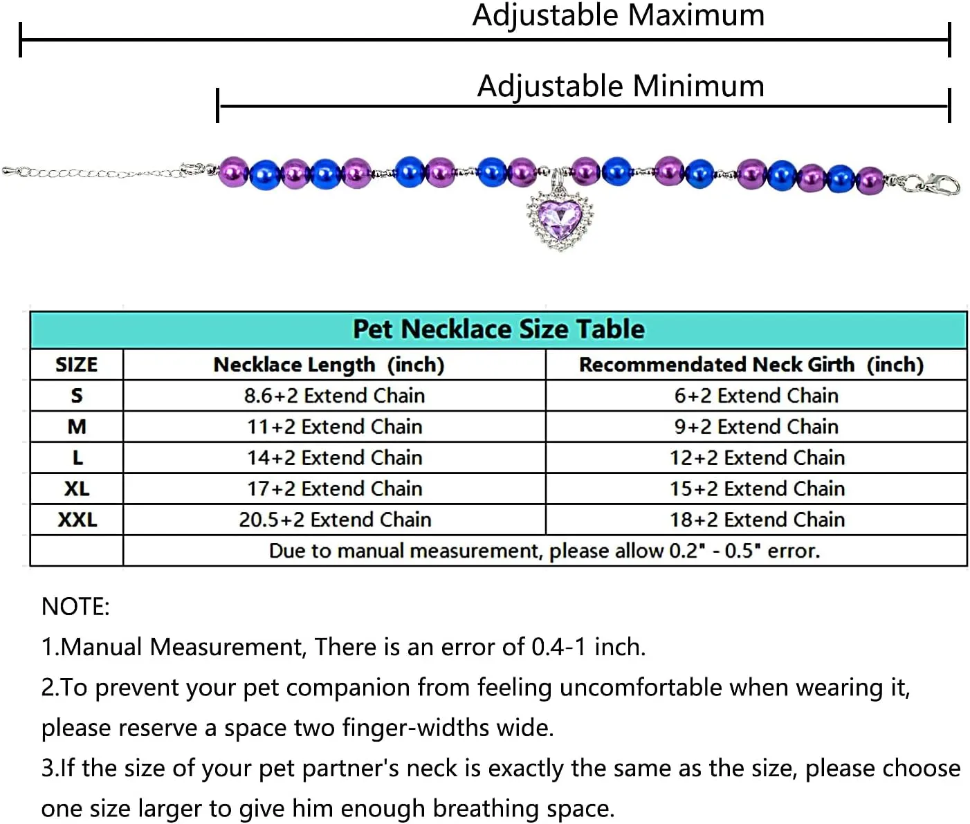 Dog Cat Collar Pearl Necklace, Purple and Blue Beads with Shiny Rhinestone Diamond Pendant and Silver Beads, Adjustable Puppy Jewelry for Medium Large Pet, L 14IN