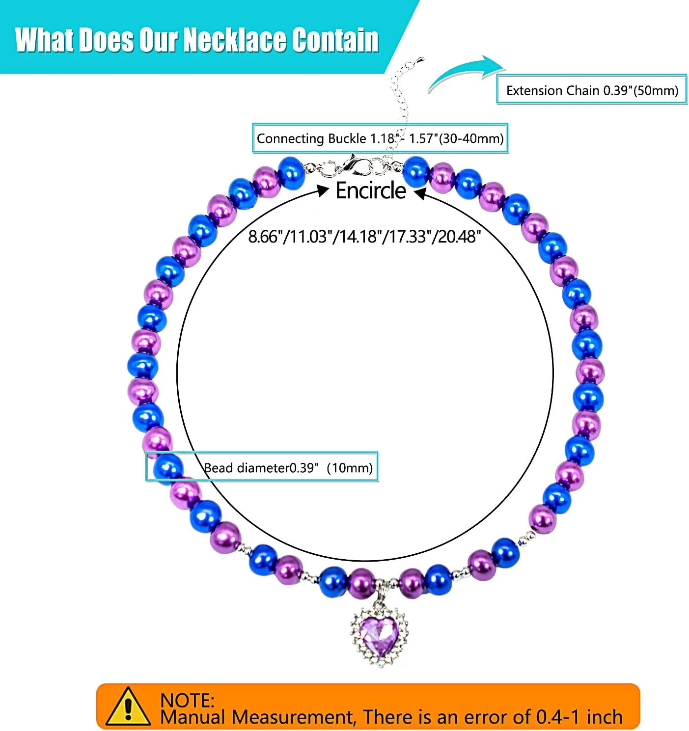 Dog Cat Collar Pearl Necklace, Purple and Blue Beads with Shiny Rhinestone Diamond Pendant and Silver Beads, Adjustable Puppy Jewelry for Medium Large Pet, L 14IN