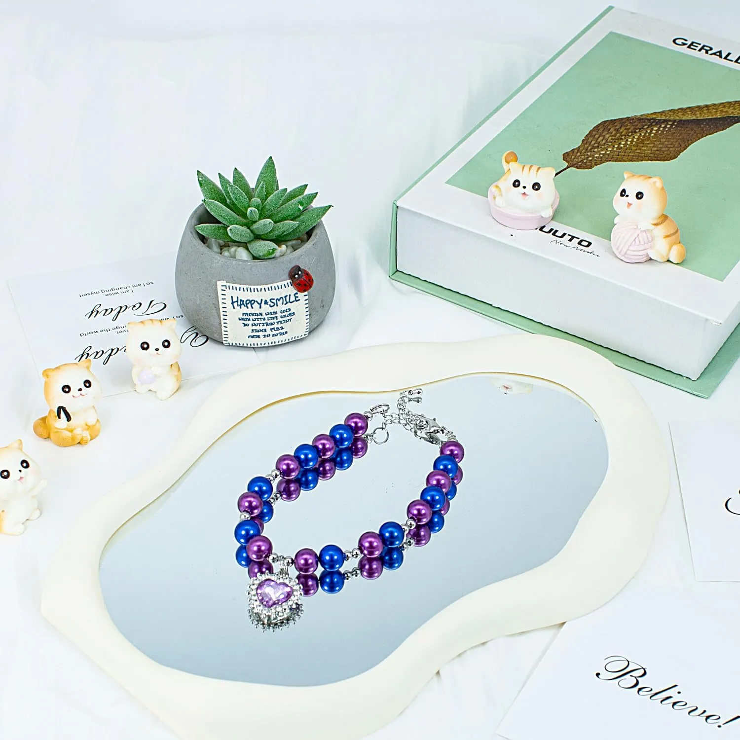 Dog Cat Collar Pearl Necklace, Purple and Blue Beads with Shiny Rhinestone Diamond Pendant and Silver Beads, Adjustable Puppy Jewelry for Medium Large Pet, L 14IN