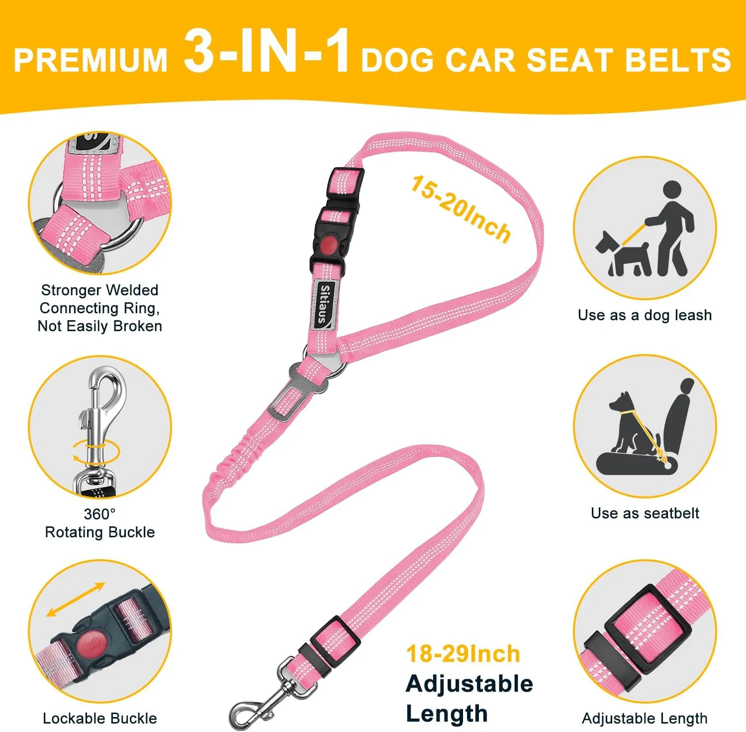 Dog Seat Belt for Car - 3 in 1 Adjustable Dog Car Leash & Harness for Small, Medium and Large Pets - Nylon, Duty Design for Safe Distraction Free Driving