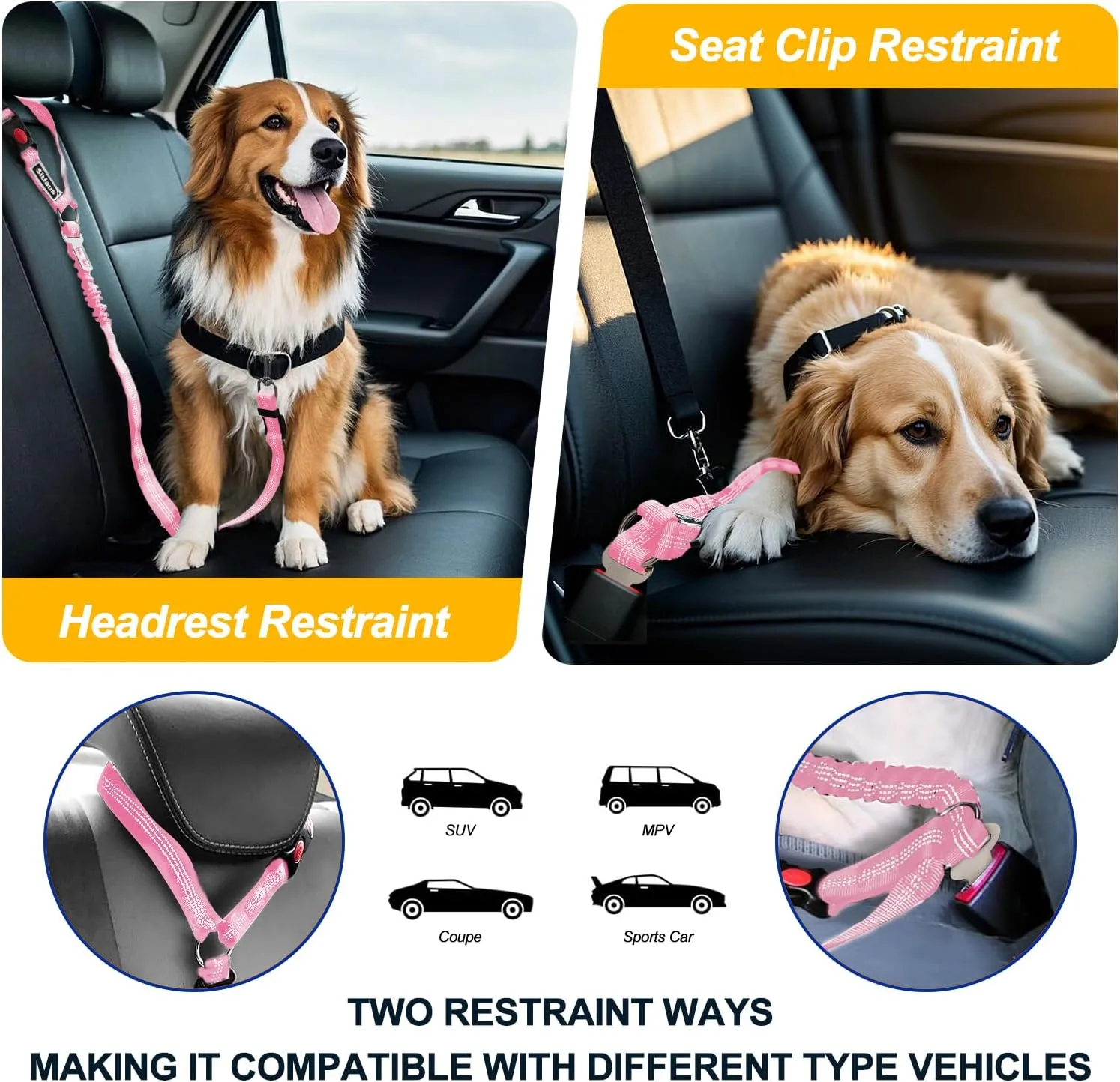 Dog Seat Belt for Car - 3 in 1 Adjustable Dog Car Leash & Harness for Small, Medium and Large Pets - Nylon, Duty Design for Safe Distraction Free Driving