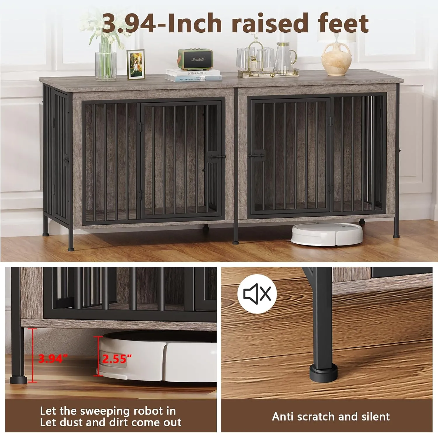 EasyCom 78 Inch Dog Cage Furniture for 2 Pets with Divider, XXL Wooden Double Dog Crate Furniture TV Stand for Mideum and Large Breed, Durable and Sturdy