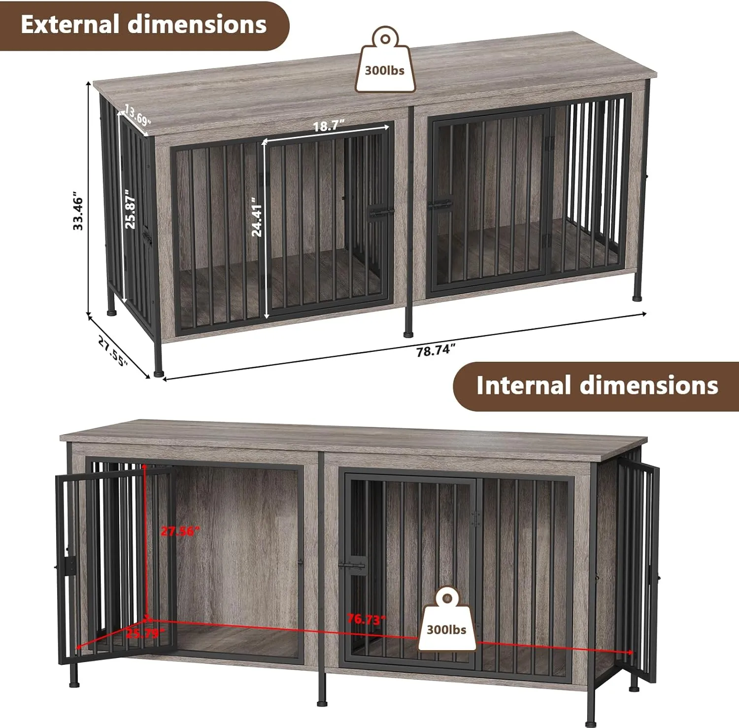 EasyCom 78 Inch Dog Cage Furniture for 2 Pets with Divider, XXL Wooden Double Dog Crate Furniture TV Stand for Mideum and Large Breed, Durable and Sturdy
