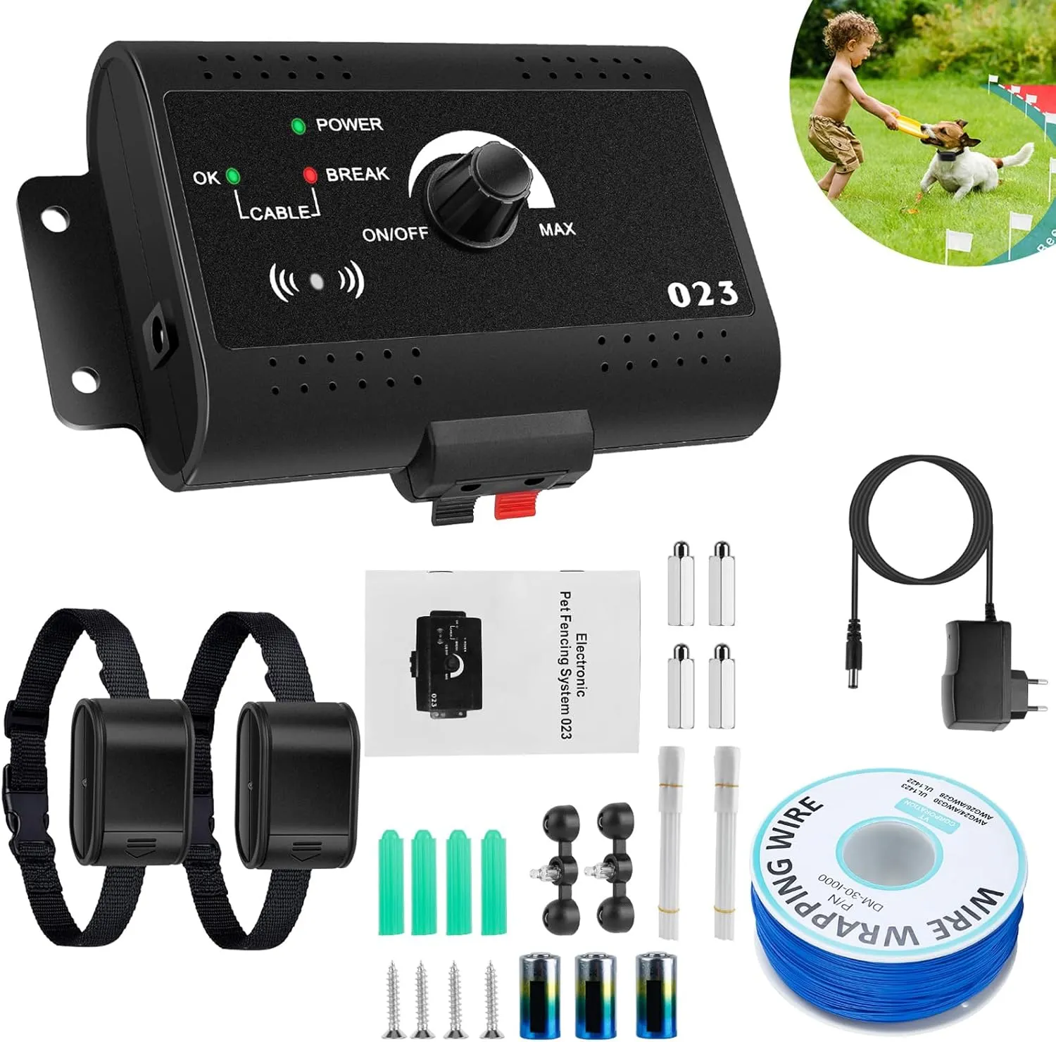 Electric Fence for 2 Dogs, Underground Dog Fence System, Waterproof Pet Containment System, Rechargeable Electronic Training Collar, Dog Boundary Container for 2 Dogs