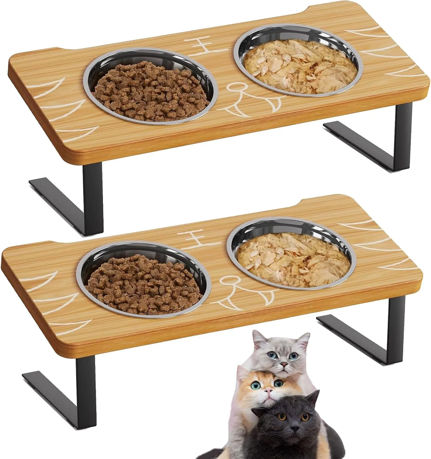 Elevated Cat Bowl, 15 Tilted Raised Stand with Non-Slip Feet and 4 Dishes for Water and Food, Widen Stainless Steel Bowls(Whisker Stress-Free) for Cats and Puppy