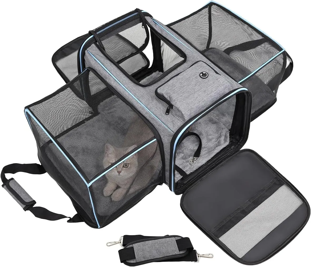Expandable Travel Pet Bag, Scratch-Resistant Breathable Mesh, Crossbody&Tote Design, Durable&Spacious, Pet Carrier with High-Visibility Windows, Easy-Cleaning Fabric, Removable Soft Pad&Shoulder Strap