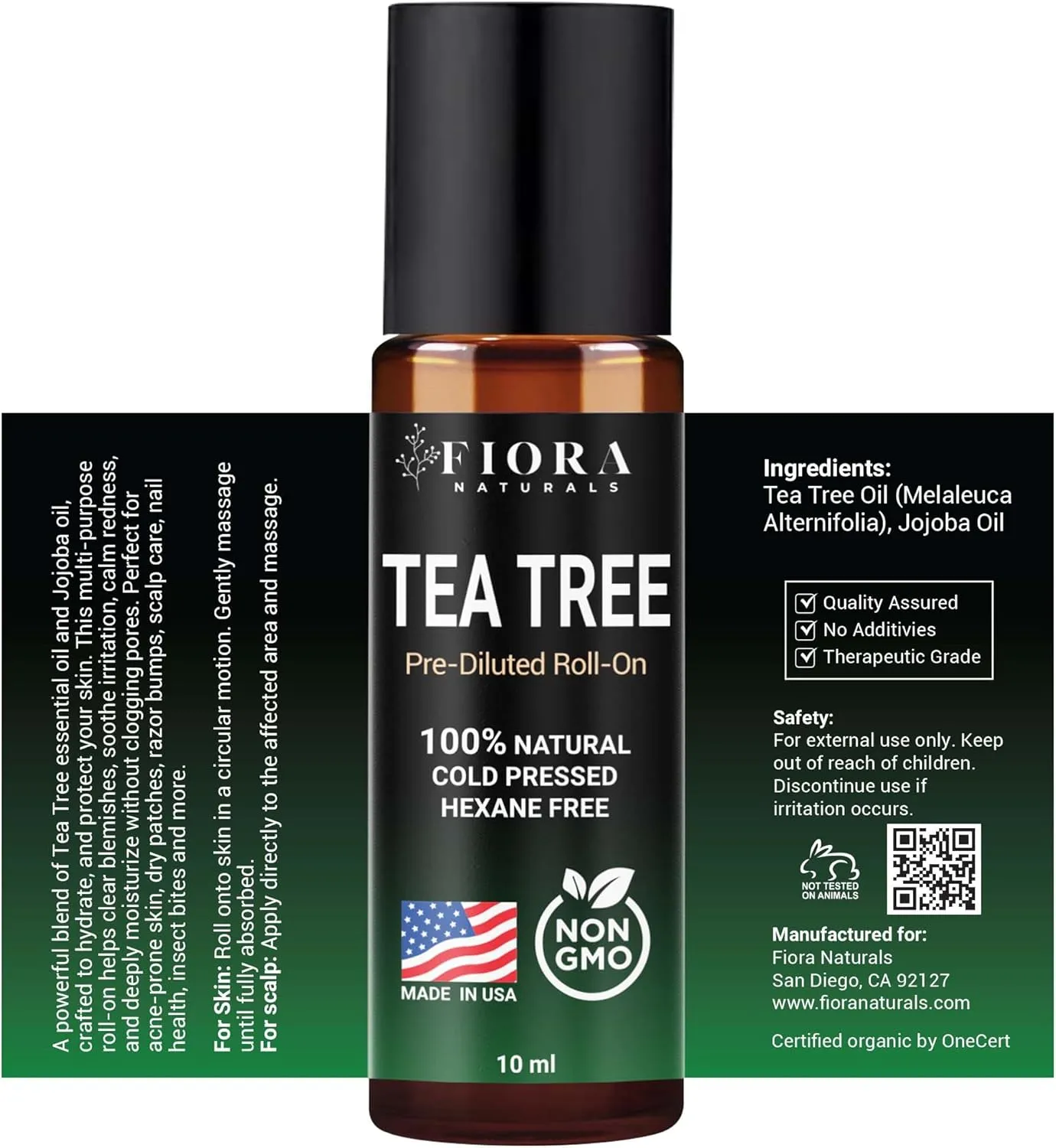 Fiora Naturals Tea Tree Oil Roll On - 100% Natural Tea Tree Essential Oil for Skin, Face, Acne, Nails, Cuticles, Scalp & Aromatherapy Wellness