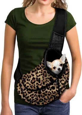 FUSURIRE Leopard Animal Print Pet Carrier Sling for Small Dogs Cats Hands Free Pet Puppy Outdoor Travel Carrier Bag Adjustable Strap Padded Shoulder Sling Travel Tote Bag