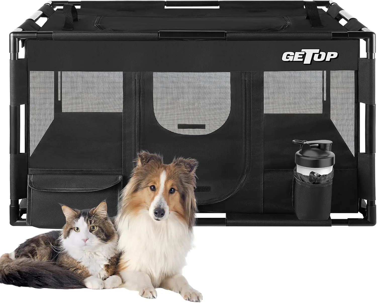 GETOP Pet Playpen, Stable Frame Dog  Cat Kennel with Carry Bag, PVC Frame, PE Mesh Dog Crate, for Indoor and Outdoor Pet Puppy Kitty Small Animals Pen Cag (L-Size, Black)