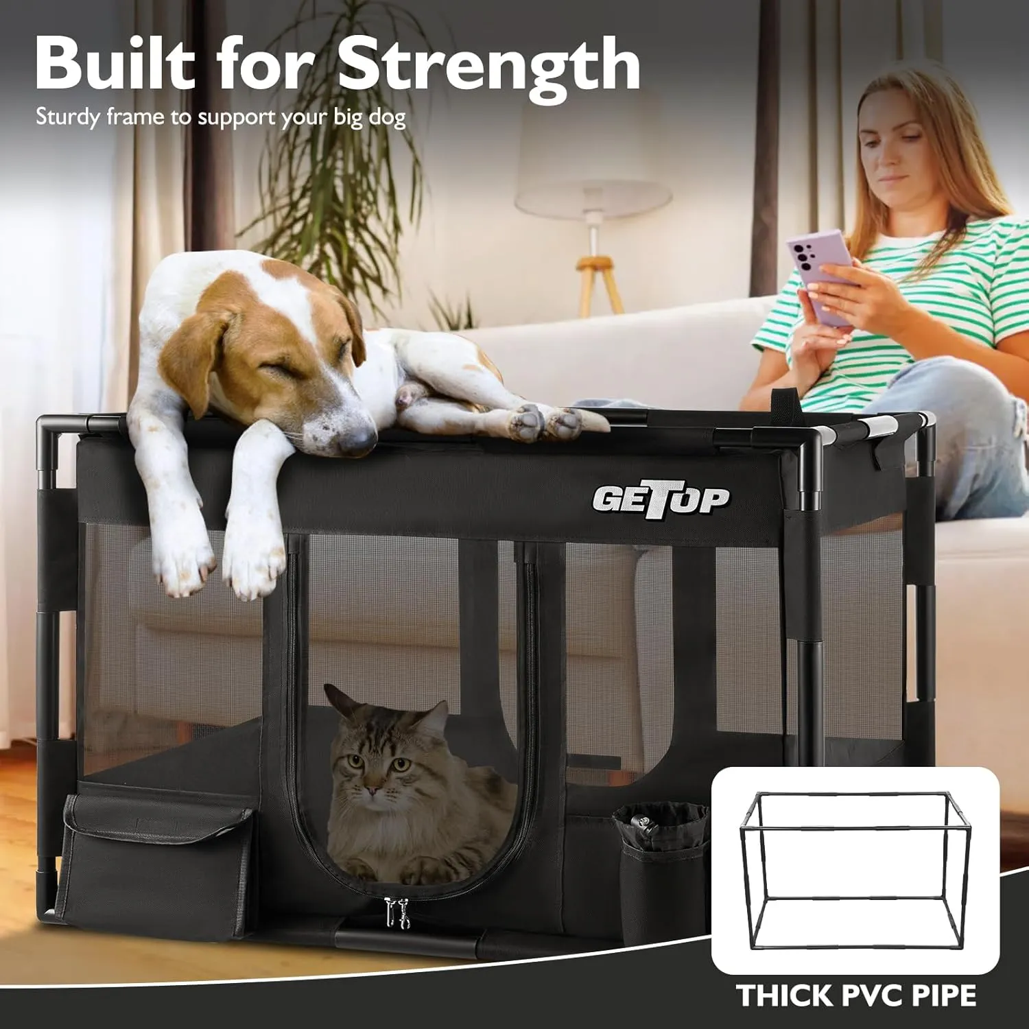 GETOP Pet Playpen, Stable Frame Dog  Cat Kennel with Carry Bag, PVC Frame, PE Mesh Dog Crate, for Indoor and Outdoor Pet Puppy Kitty Small Animals Pen Cag (L-Size, Black)