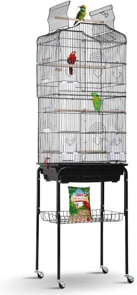 HCB 64-Inch Open Top Standing Bird Cage with Rolling Stand for Parrots Lovebirds Parakeets Cockatiel Medium Small Bird Cage, Black, 64 Inch (Pack of 1)