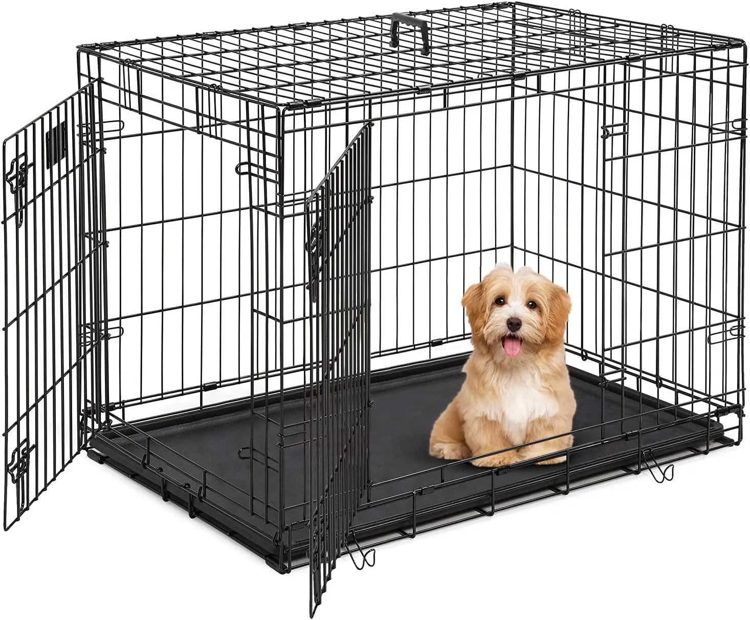 HCY Folding Metal Dog Crate - 36 Inch Double Doors Kennel with Divider Panel for Small/Medium/Large Dogs - Indoor/Outdoor Travel Use (Black)