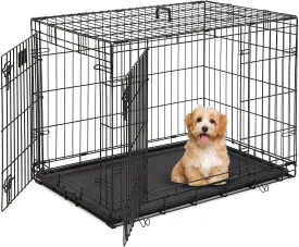 HCY Folding Metal Dog Crate - 36 Inch Double Doors Kennel with Divider Panel for Small/Medium/Large Dogs - Indoor/Outdoor Travel Use (Black)