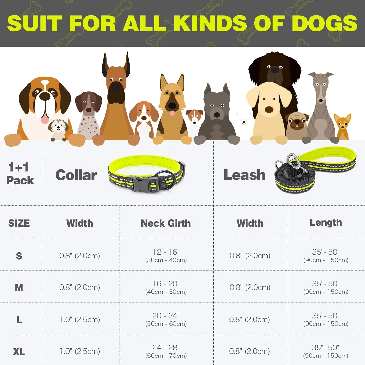 HIGO Reflective Dog Collar and Leash Set for Large Dog, Nylon Webbing Pet Collar& Leash with Neoprene Padded, Adjustable Basic Dog Collar and Leash, Safety Dog Accessories for Night Walking (Green, L)