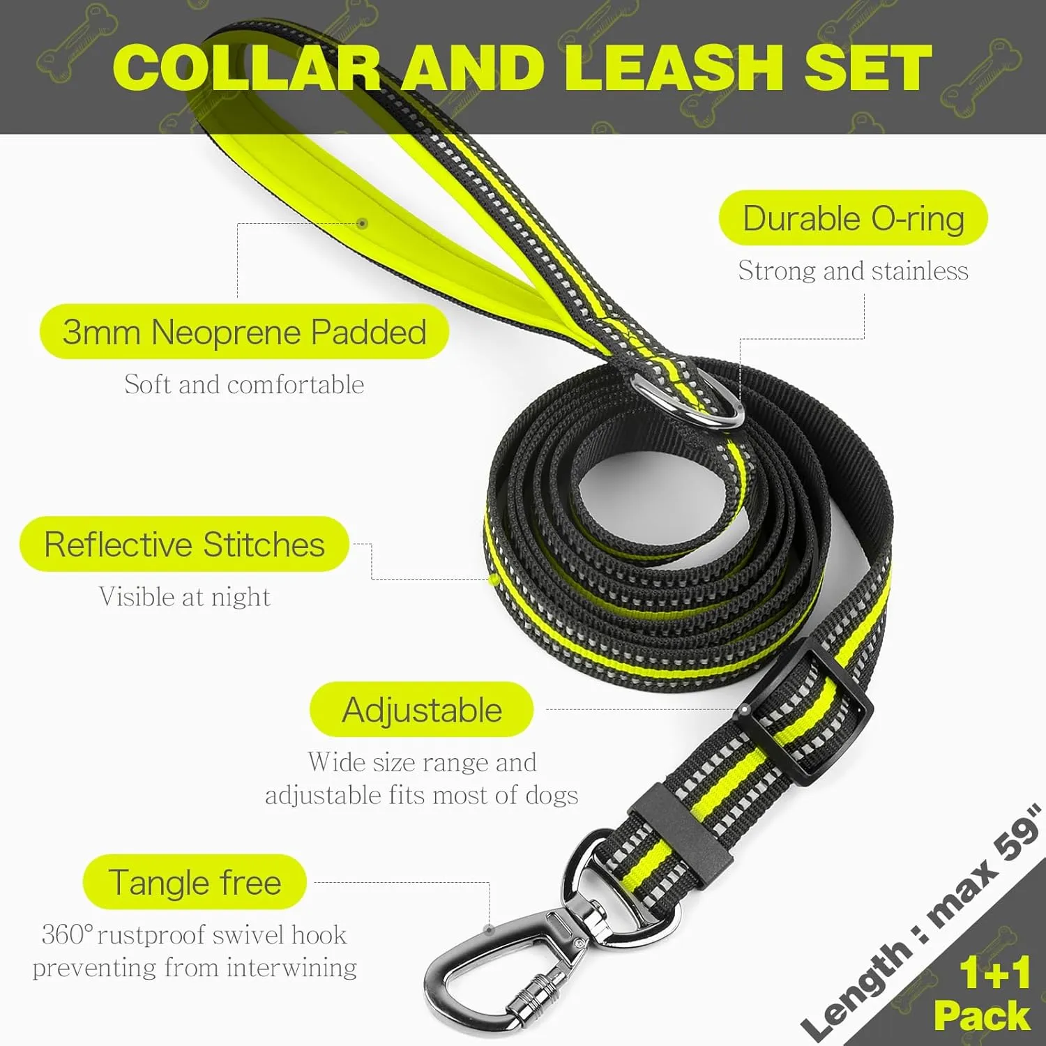 HIGO Reflective Dog Collar and Leash Set for Large Dog, Nylon Webbing Pet Collar& Leash with Neoprene Padded, Adjustable Basic Dog Collar and Leash, Safety Dog Accessories for Night Walking (Green, L)