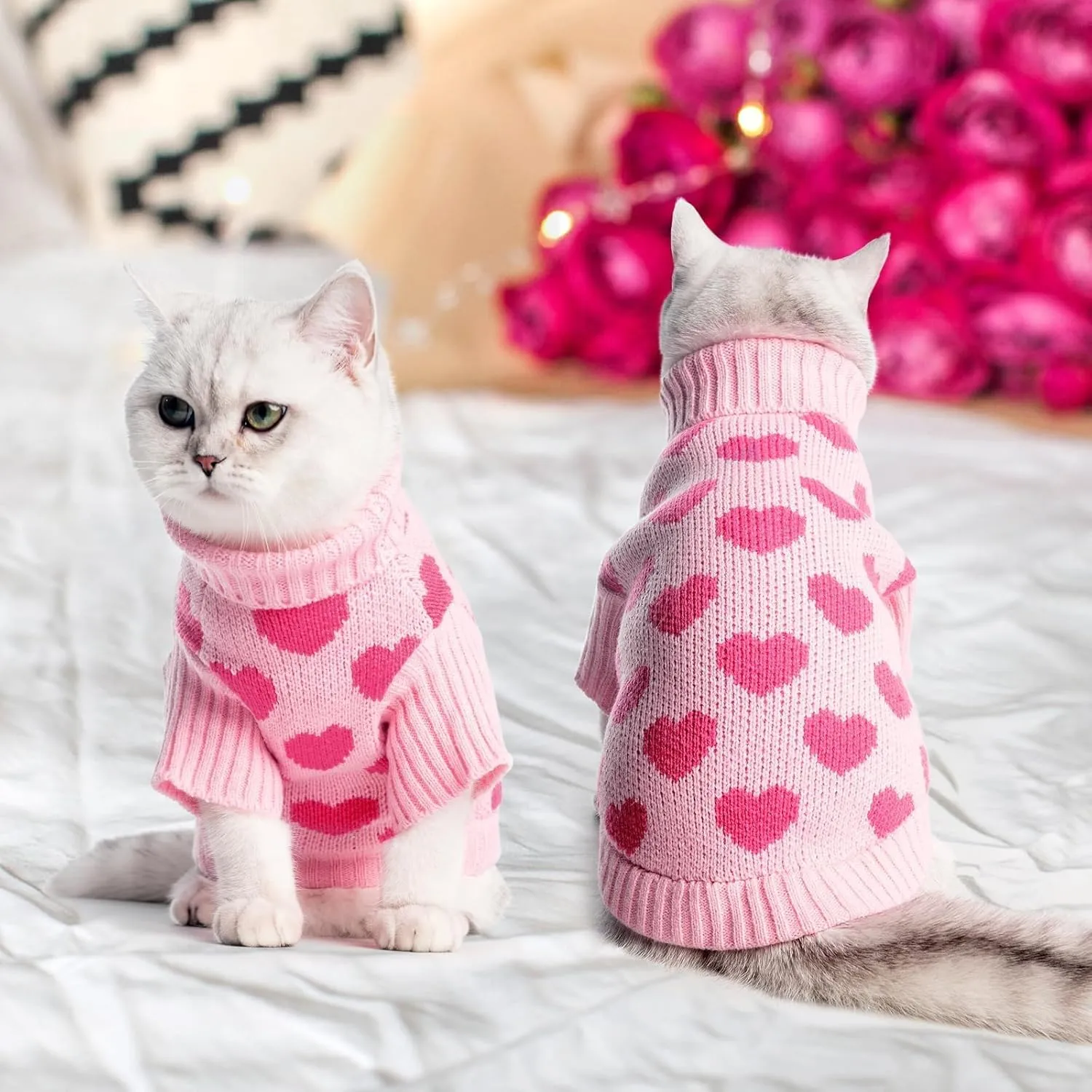 KOOLTAIL Cat Sweater Turtleneck- Soft Pink Knit Cat Sweaters for Cats Only, Heart Love Pattern Thick Warm Cold Weather Clothes, Valentine's Day Pet Outfit for Small Medium Large Size Kitten Puppy Girl