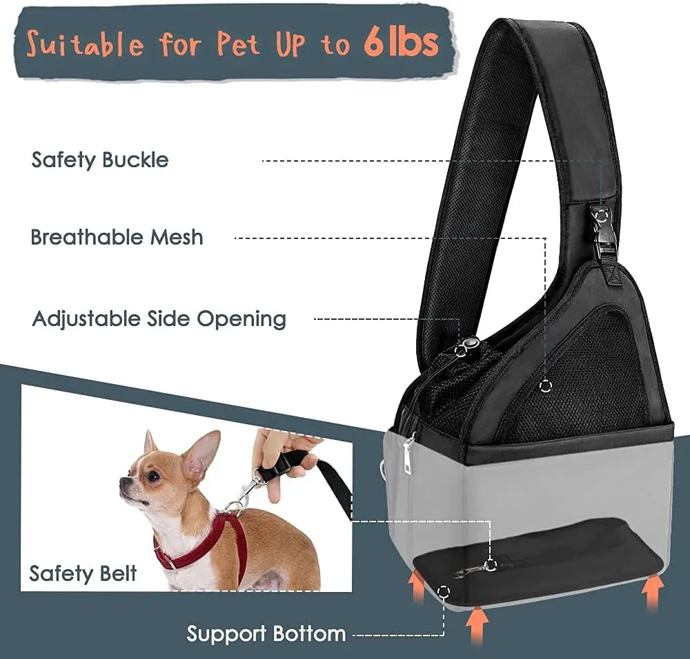 Lukovee Dog Slings for Small Dogs, Hard Bottom Support & Adjustable Soft Padded Shoudler Strap Dog Sling Carrier, Dog Purse with Button Closure & Zipper Pockets (for Pets up to 6 lbs, Black)