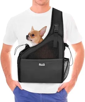 Lukovee Dog Slings for Small Dogs, Hard Bottom Support & Adjustable Soft Padded Shoudler Strap Dog Sling Carrier, Dog Purse with Button Closure & Zipper Pockets (for Pets up to 6 lbs, Black)