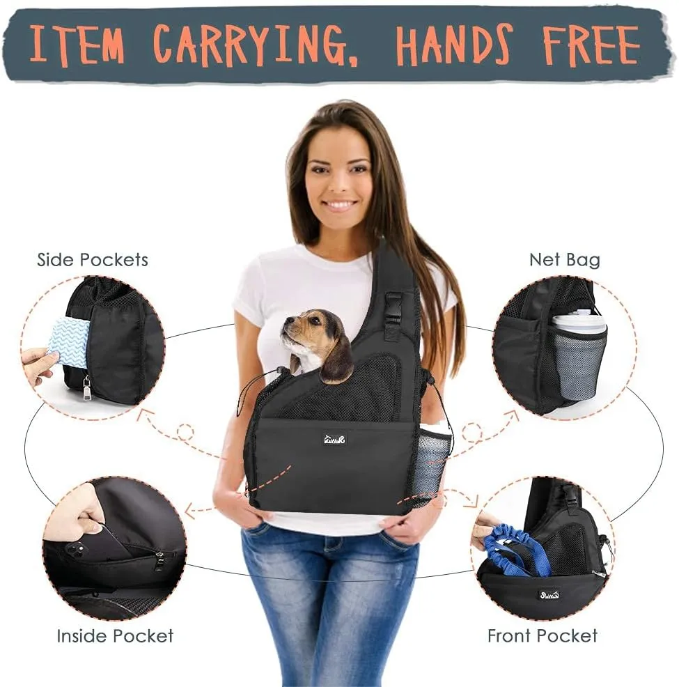 Lukovee Dog Slings for Small Dogs, Hard Bottom Support & Adjustable Soft Padded Shoudler Strap Dog Sling Carrier, Dog Purse with Button Closure & Zipper Pockets (for Pets up to 6 lbs, Black)