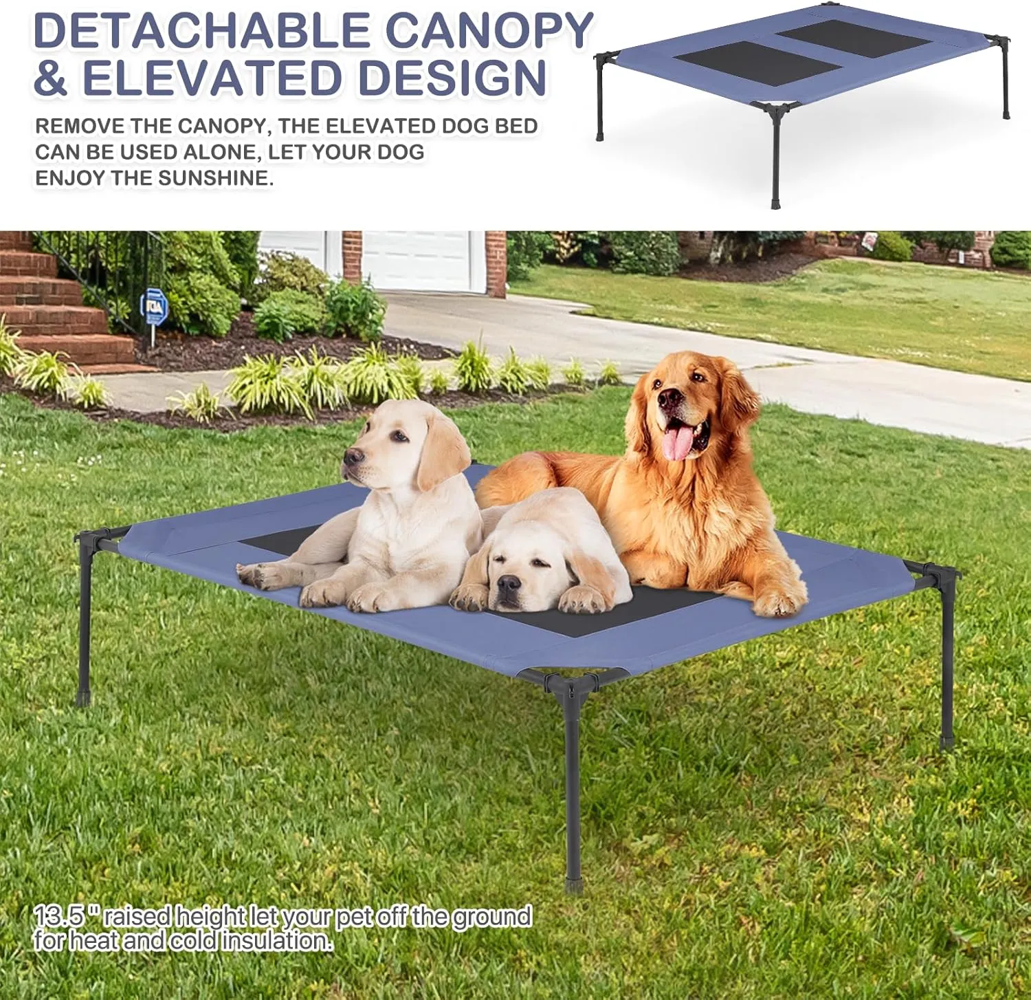 MoNiBloom X-Large Elevated Dog Bed with Canopy for Large Dog, Waterproof 420D Oxford Indoor/Outdoor Dog Bed Support Up to 110 lbs, Portable and Durable Cooling Dog Bed for Camping or Beach, Navy Blue