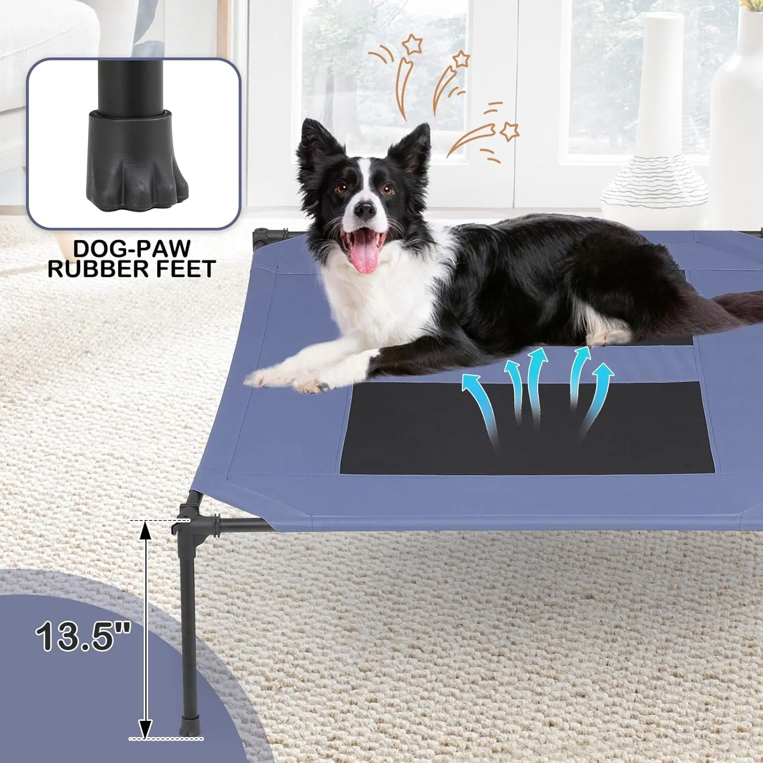 MoNiBloom X-Large Elevated Dog Bed with Canopy for Large Dog, Waterproof 420D Oxford Indoor/Outdoor Dog Bed Support Up to 110 lbs, Portable and Durable Cooling Dog Bed for Camping or Beach, Navy Blue