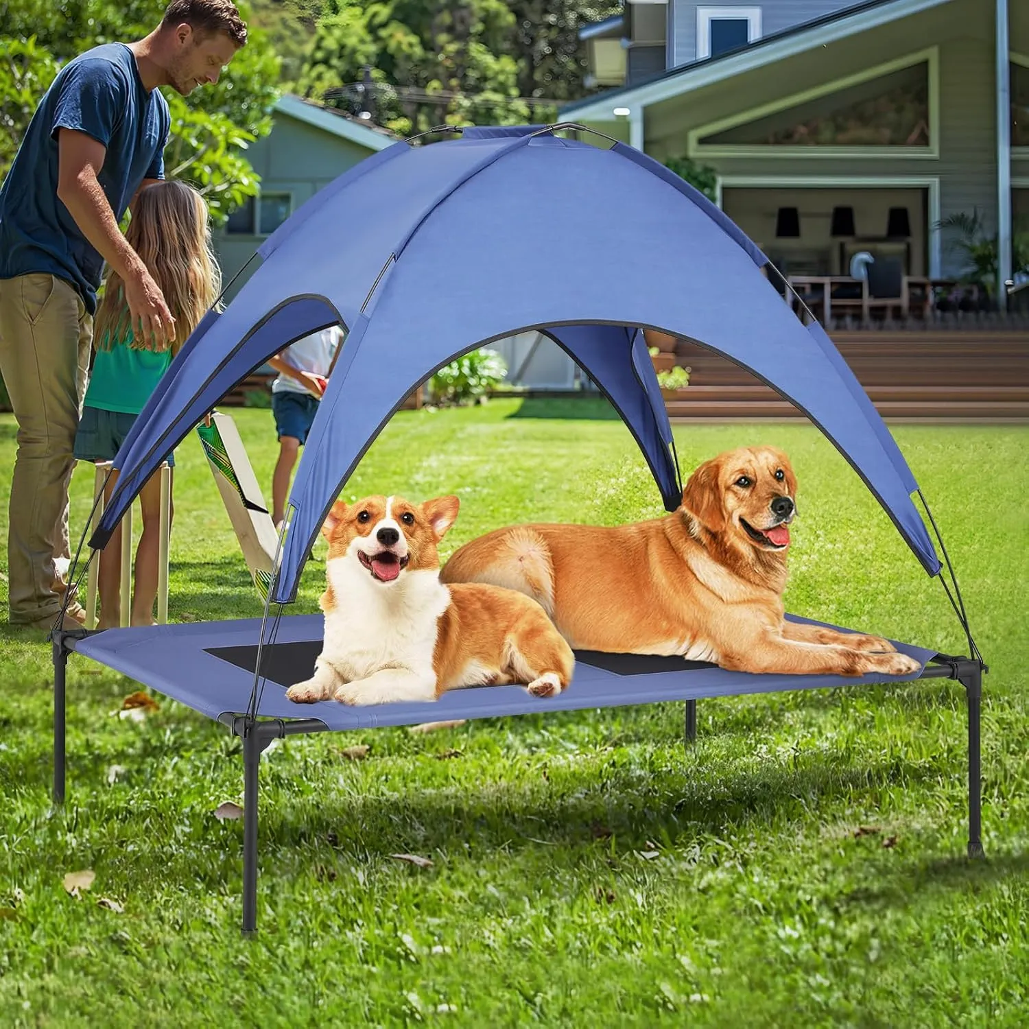 MoNiBloom X-Large Elevated Dog Bed with Canopy for Large Dog, Waterproof 420D Oxford Indoor/Outdoor Dog Bed Support Up to 110 lbs, Portable and Durable Cooling Dog Bed for Camping or Beach, Navy Blue