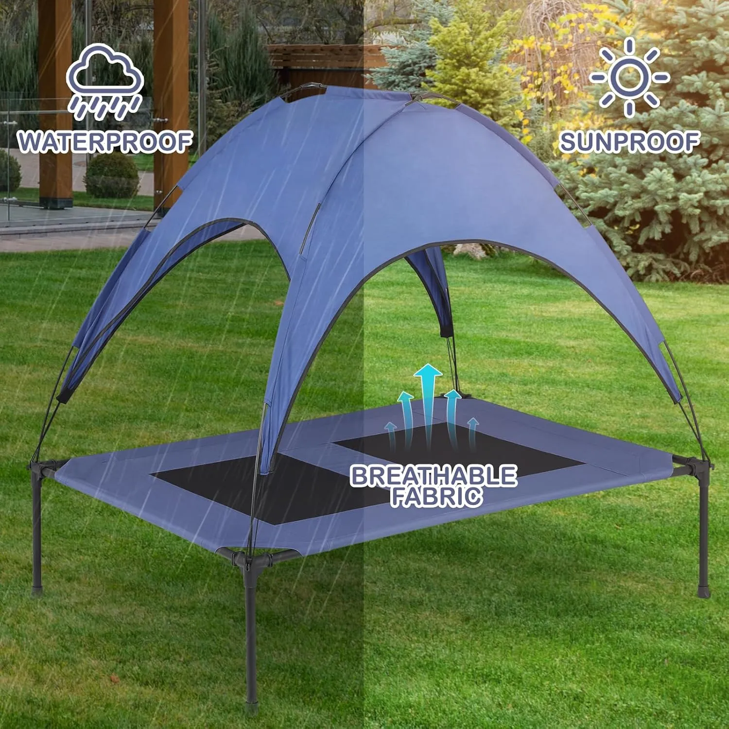 MoNiBloom X-Large Elevated Dog Bed with Canopy for Large Dog, Waterproof 420D Oxford Indoor/Outdoor Dog Bed Support Up to 110 lbs, Portable and Durable Cooling Dog Bed for Camping or Beach, Navy Blue