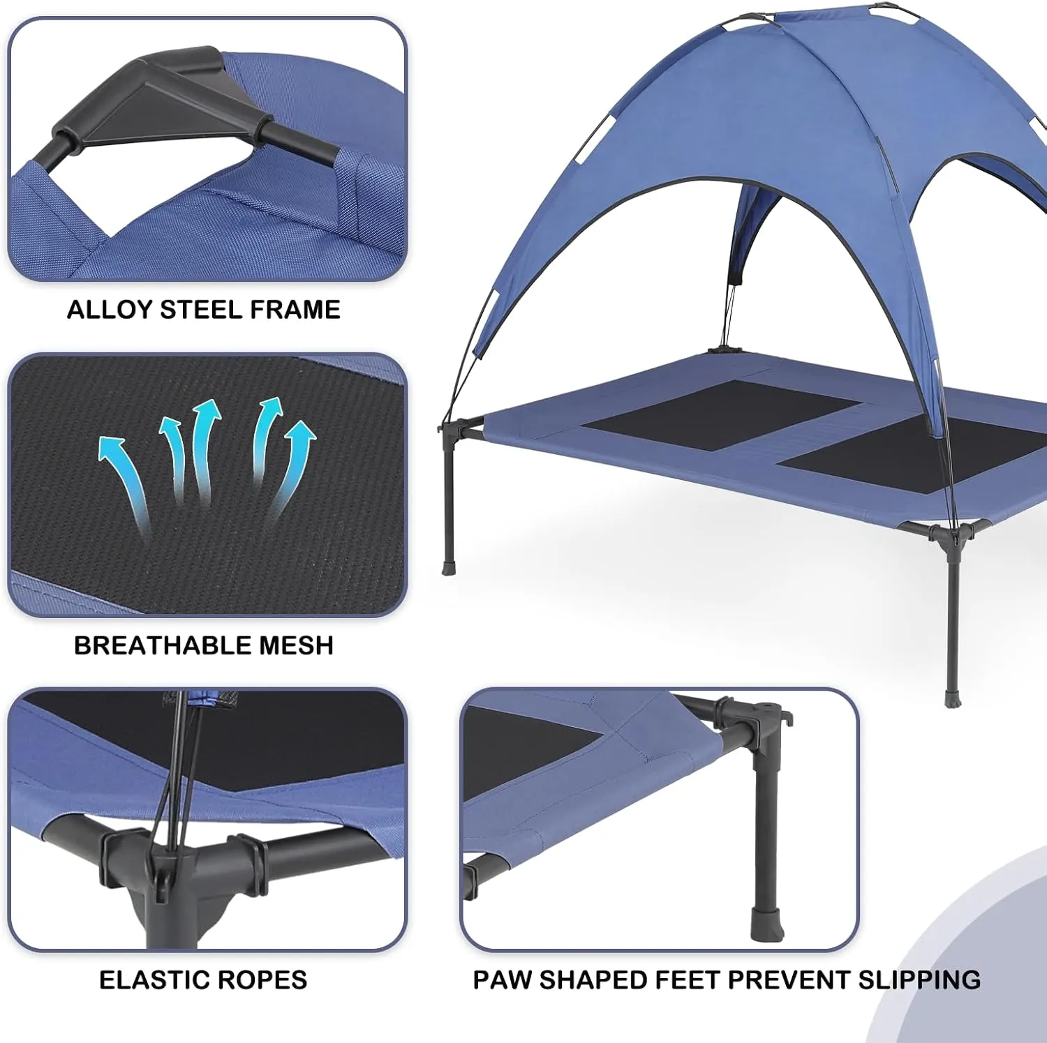 MoNiBloom X-Large Elevated Dog Bed with Canopy for Large Dog, Waterproof 420D Oxford Indoor/Outdoor Dog Bed Support Up to 110 lbs, Portable and Durable Cooling Dog Bed for Camping or Beach, Navy Blue