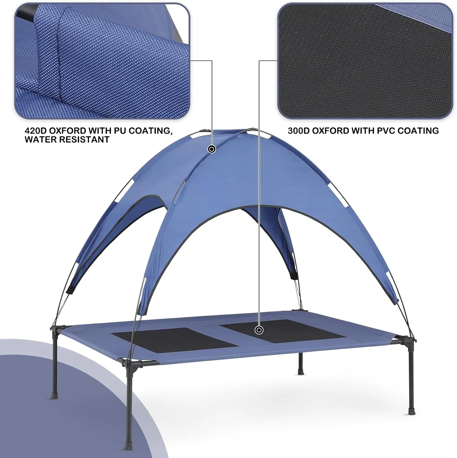MoNiBloom X-Large Elevated Dog Bed with Canopy for Large Dog, Waterproof 420D Oxford Indoor/Outdoor Dog Bed Support Up to 110 lbs, Portable and Durable Cooling Dog Bed for Camping or Beach, Navy Blue