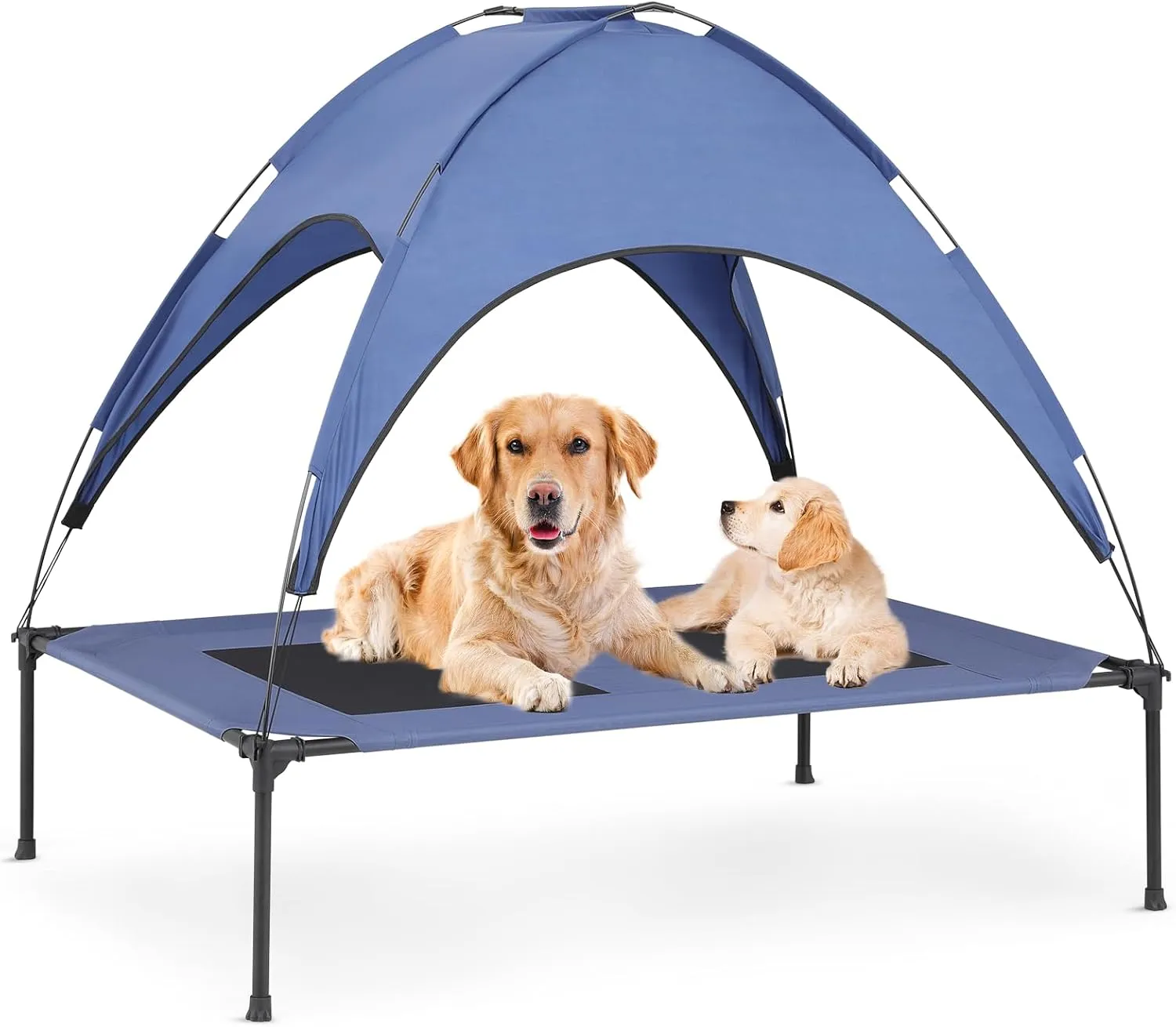 MoNiBloom X-Large Elevated Dog Bed with Canopy for Large Dog, Waterproof 420D Oxford Indoor/Outdoor Dog Bed Support Up to 110 lbs, Portable and Durable Cooling Dog Bed for Camping or Beach, Navy Blue