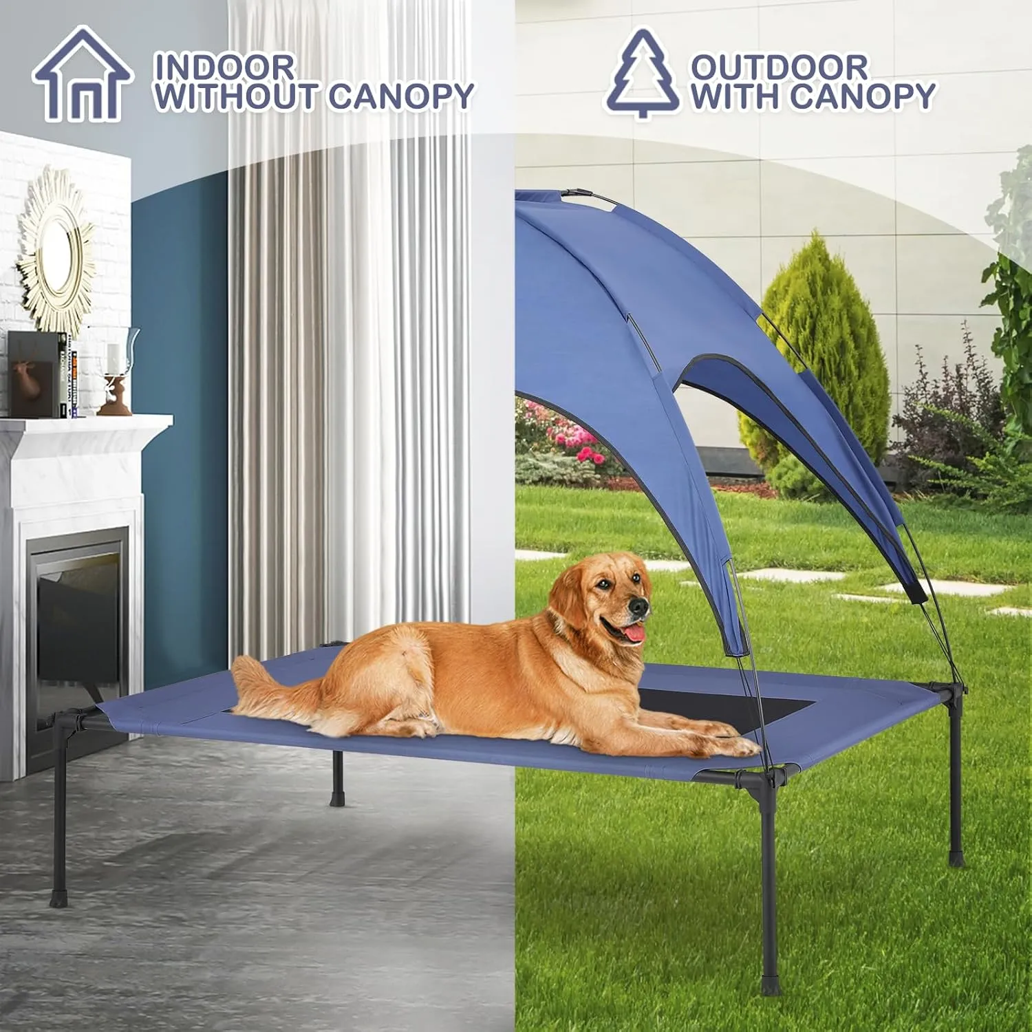 MoNiBloom X-Large Elevated Dog Bed with Canopy for Large Dog, Waterproof 420D Oxford Indoor/Outdoor Dog Bed Support Up to 110 lbs, Portable and Durable Cooling Dog Bed for Camping or Beach, Navy Blue
