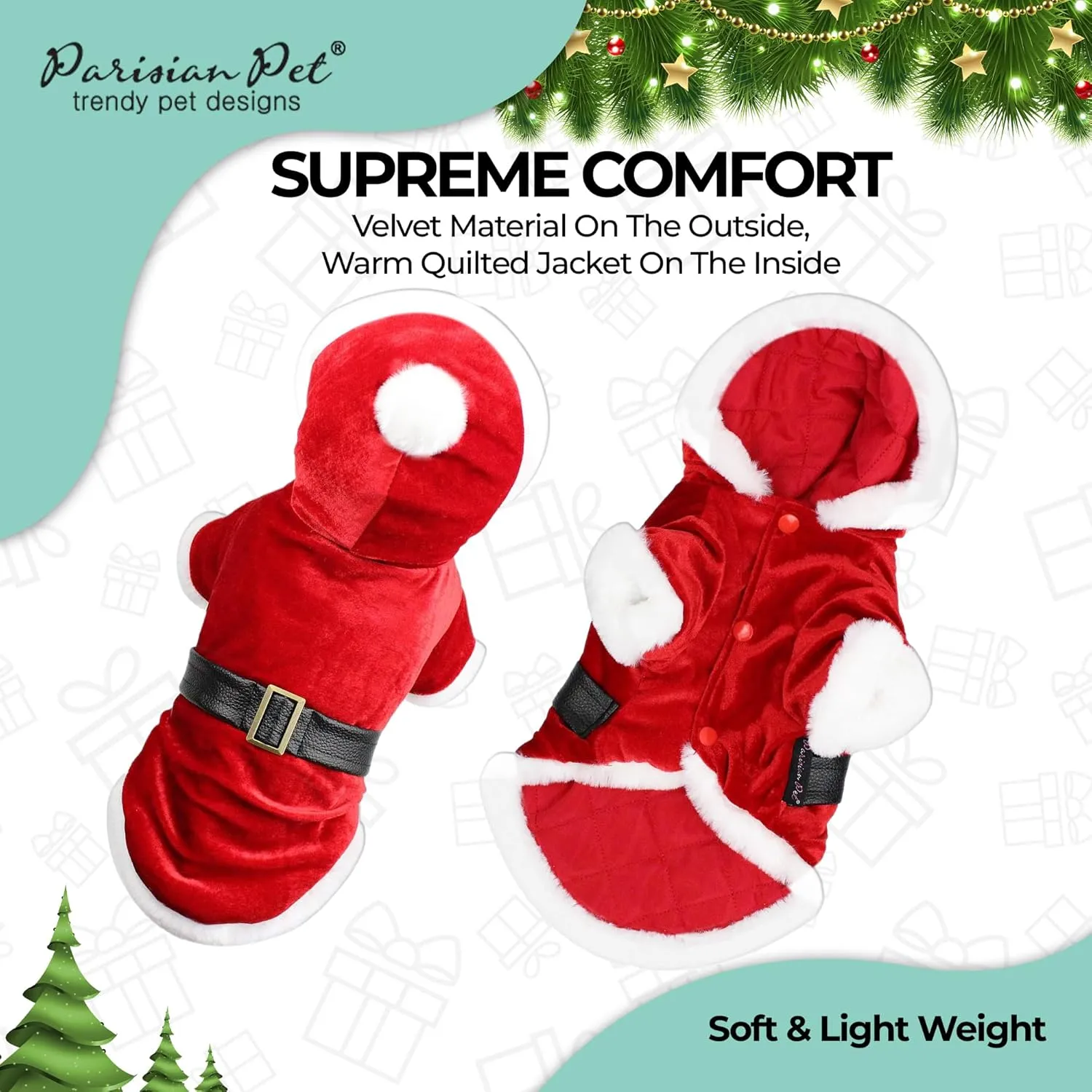 Parisian Pet Dog Santa Hoodie - Santa Claus Dog Christmas Outfit  Xmas Holiday Dog Hoodie  Winter Dog Christmas Sweater with Hoodie  Soft Velvet Christmas Dog Clothes for Small Dogs - S