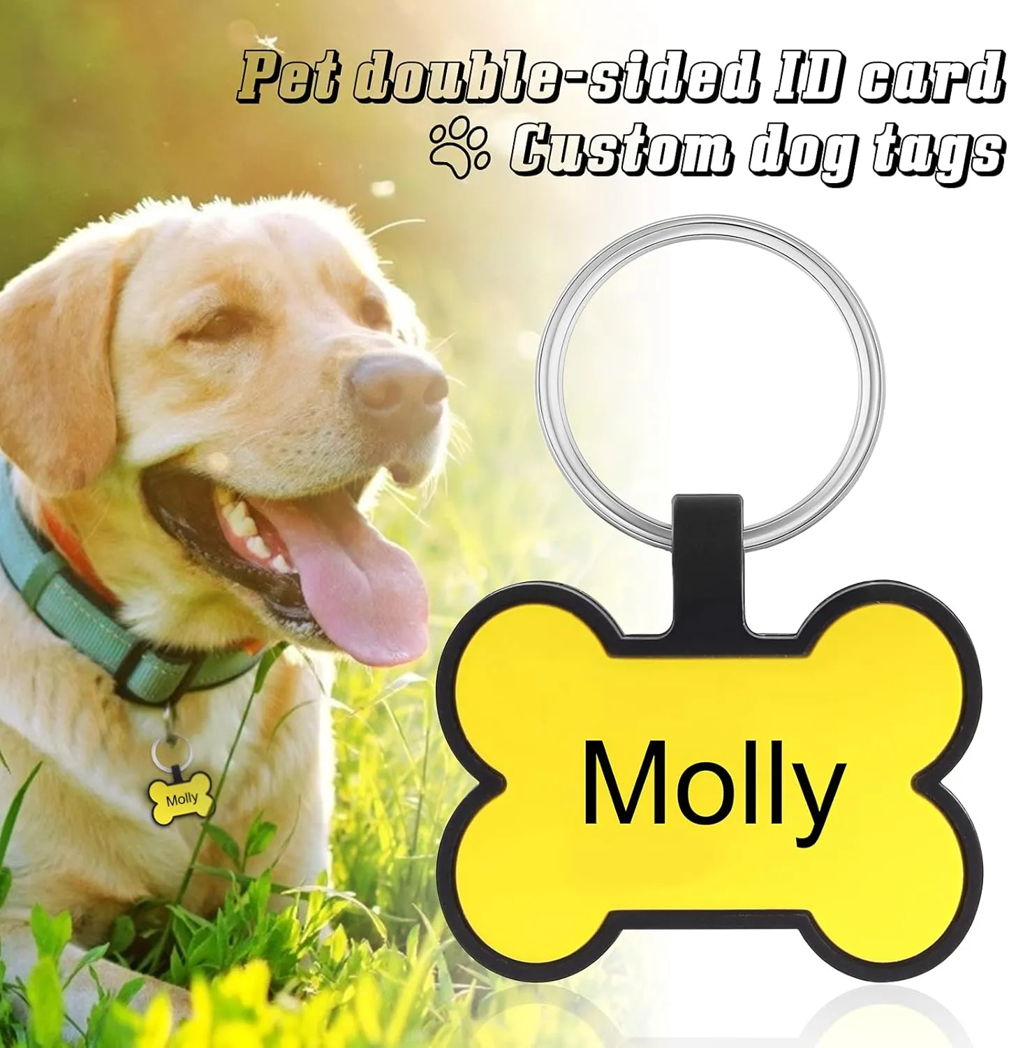 Personalized Silicone Planets Dog Tag Custom Bone Shape Dog Name Tags Double Sided Engraved Pet Tag (Yellow)