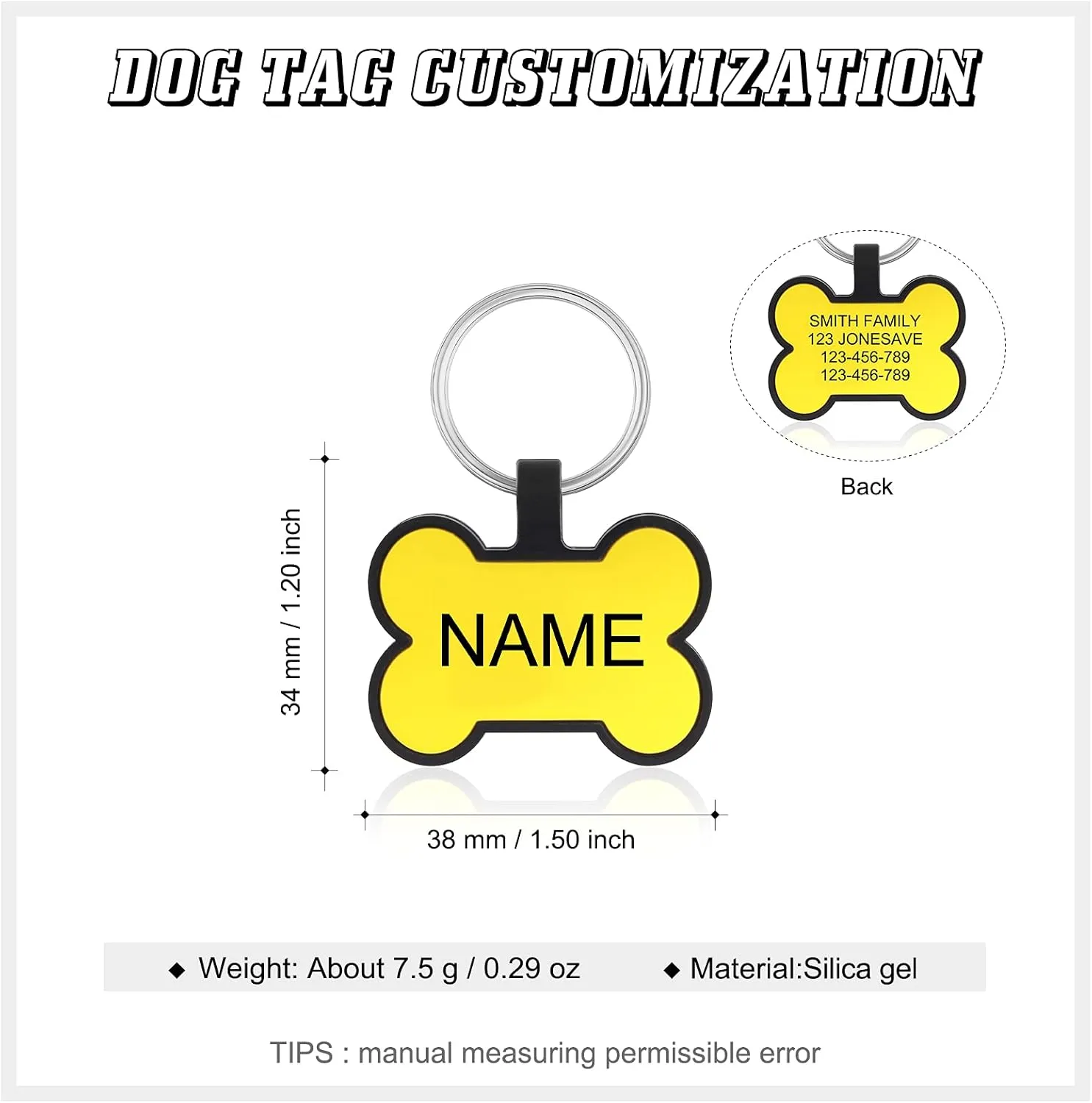 Personalized Silicone Planets Dog Tag Custom Bone Shape Dog Name Tags Double Sided Engraved Pet Tag (Yellow)