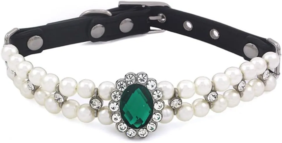 Pet Double Row Pearl Rhinestone Collar Cat Dog Necklace Adjustable Cute Gem Vintage Accessories(7.8 "-9.8")
