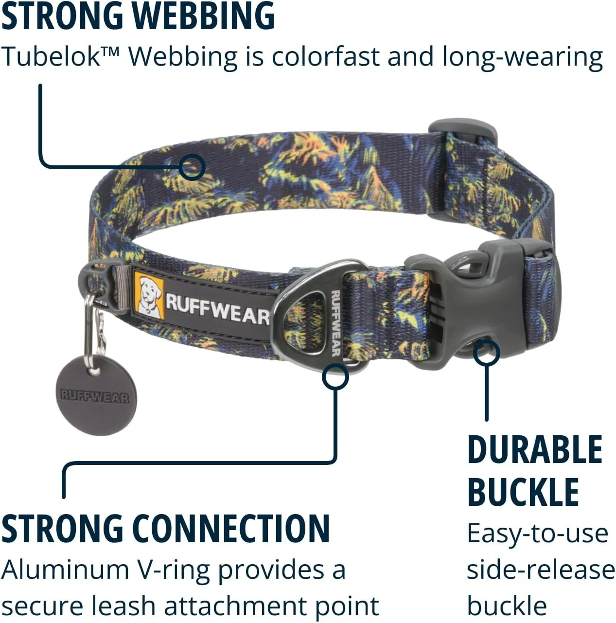 Ruffwear, Front Range Dog Collar, Adjustable Tubelok Webbing, Reflective, Lightweight, Side Release Buckle, Aluminum V-Ring, Durable for Everyday Use, Deep Jungle, 14"-20"