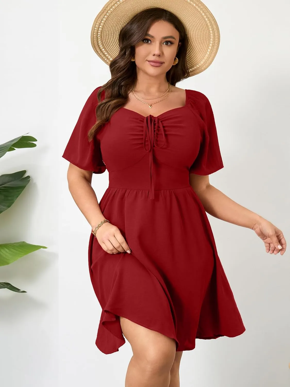 RWJ Women Plus Size Summer Dress Short Sleeve Tie Front Sweetheart Neck Wrap A-Line Casual Mini Wedding Guest Dresses 2025