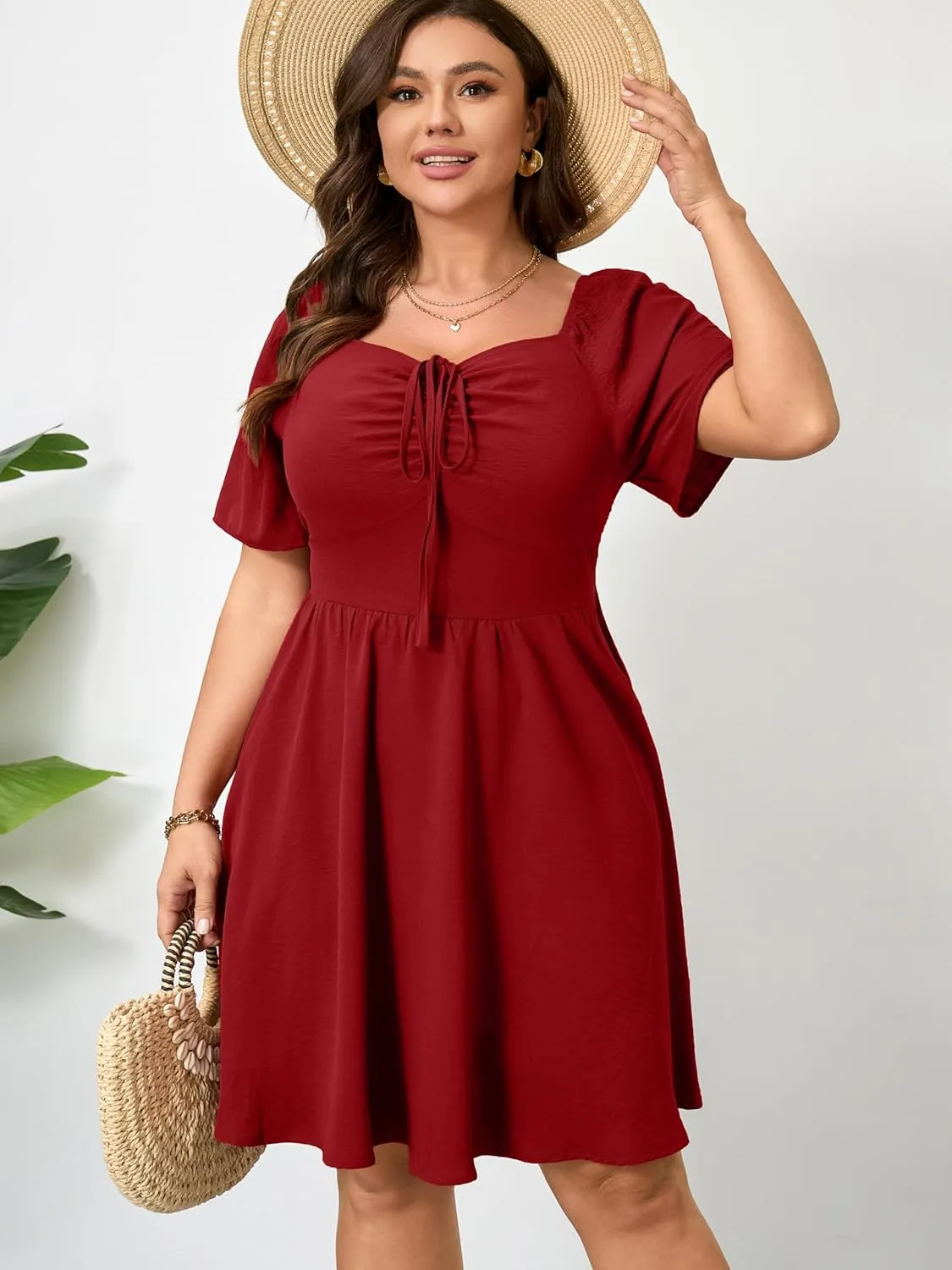 RWJ Women Plus Size Summer Dress Short Sleeve Tie Front Sweetheart Neck Wrap A-Line Casual Mini Wedding Guest Dresses 2025
