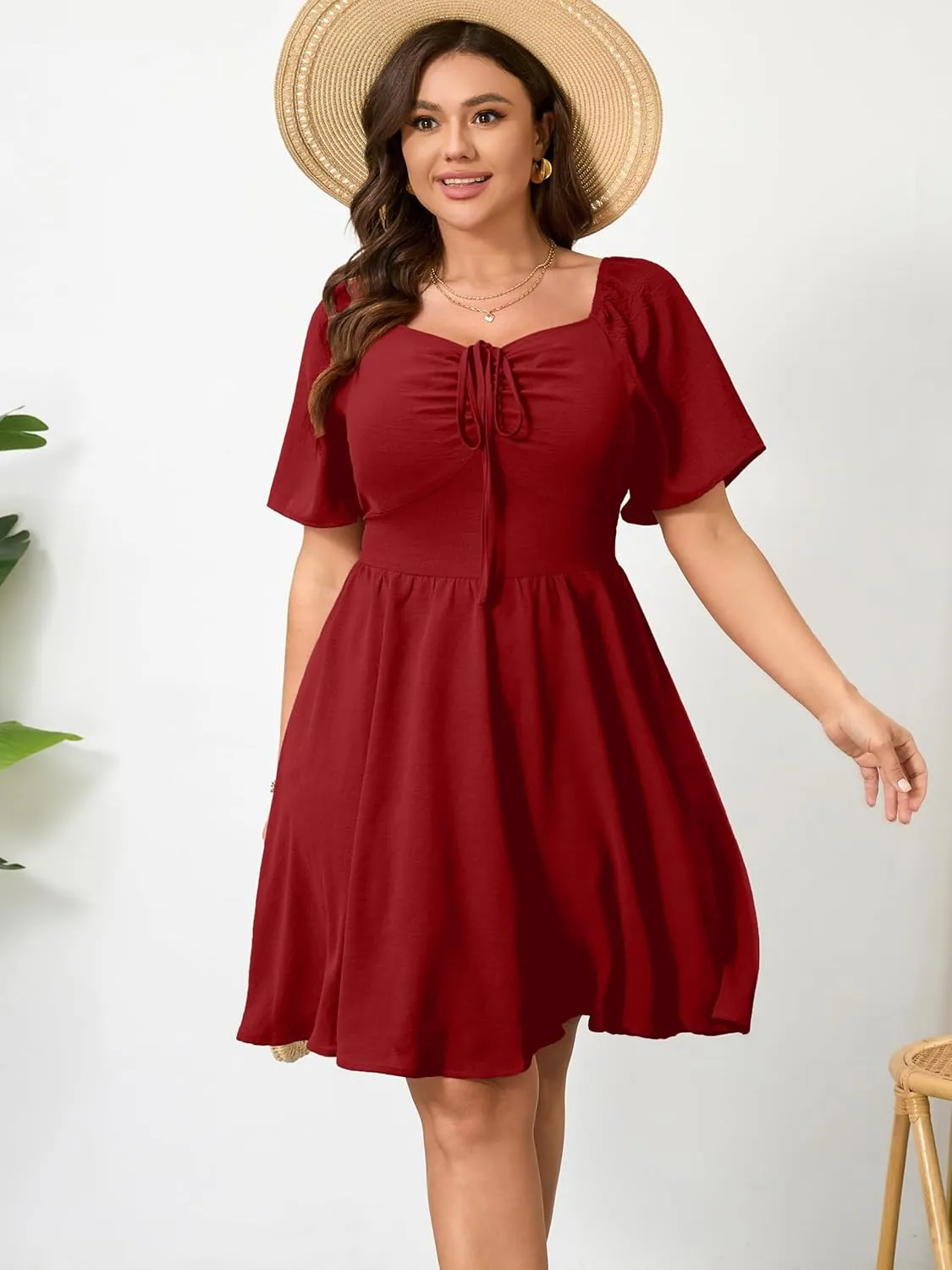 RWJ Women Plus Size Summer Dress Short Sleeve Tie Front Sweetheart Neck Wrap A-Line Casual Mini Wedding Guest Dresses 2025