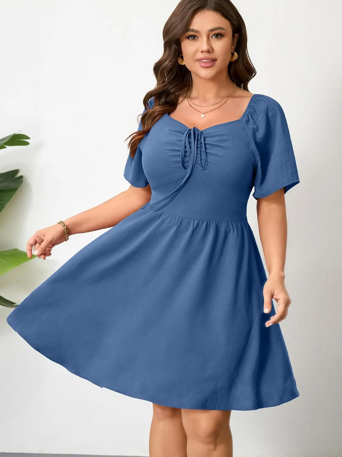 RWJ Women Plus Size Summer Dress Short Sleeve Tie Front Sweetheart Neck Wrap A-Line Casual Mini Wedding Guest Dresses 2025