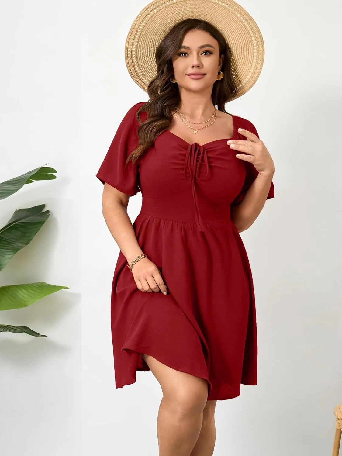 RWJ Women Plus Size Summer Dress Short Sleeve Tie Front Sweetheart Neck Wrap A-Line Casual Mini Wedding Guest Dresses 2025