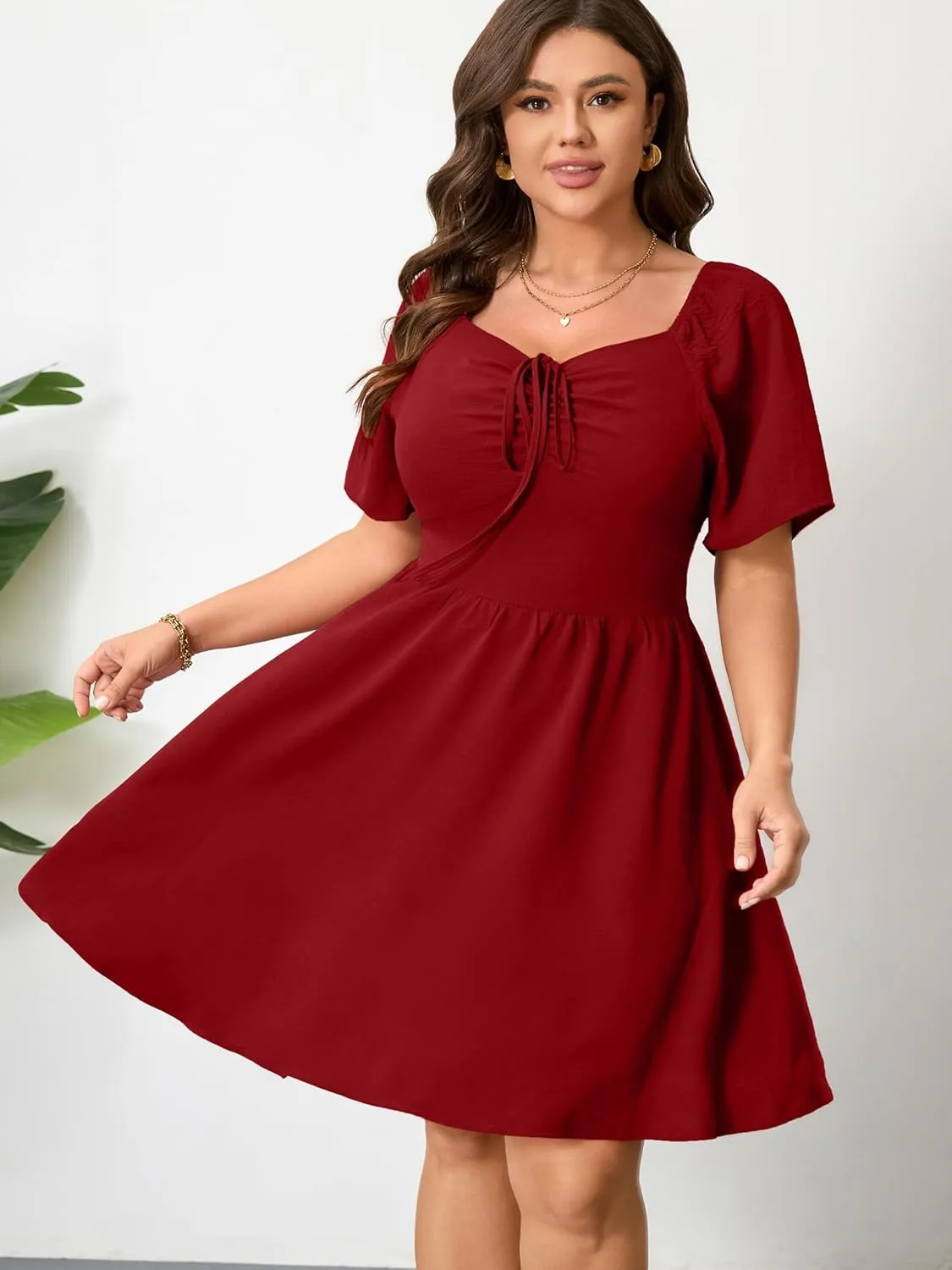 RWJ Women Plus Size Summer Dress Short Sleeve Tie Front Sweetheart Neck Wrap A-Line Casual Mini Wedding Guest Dresses 2025