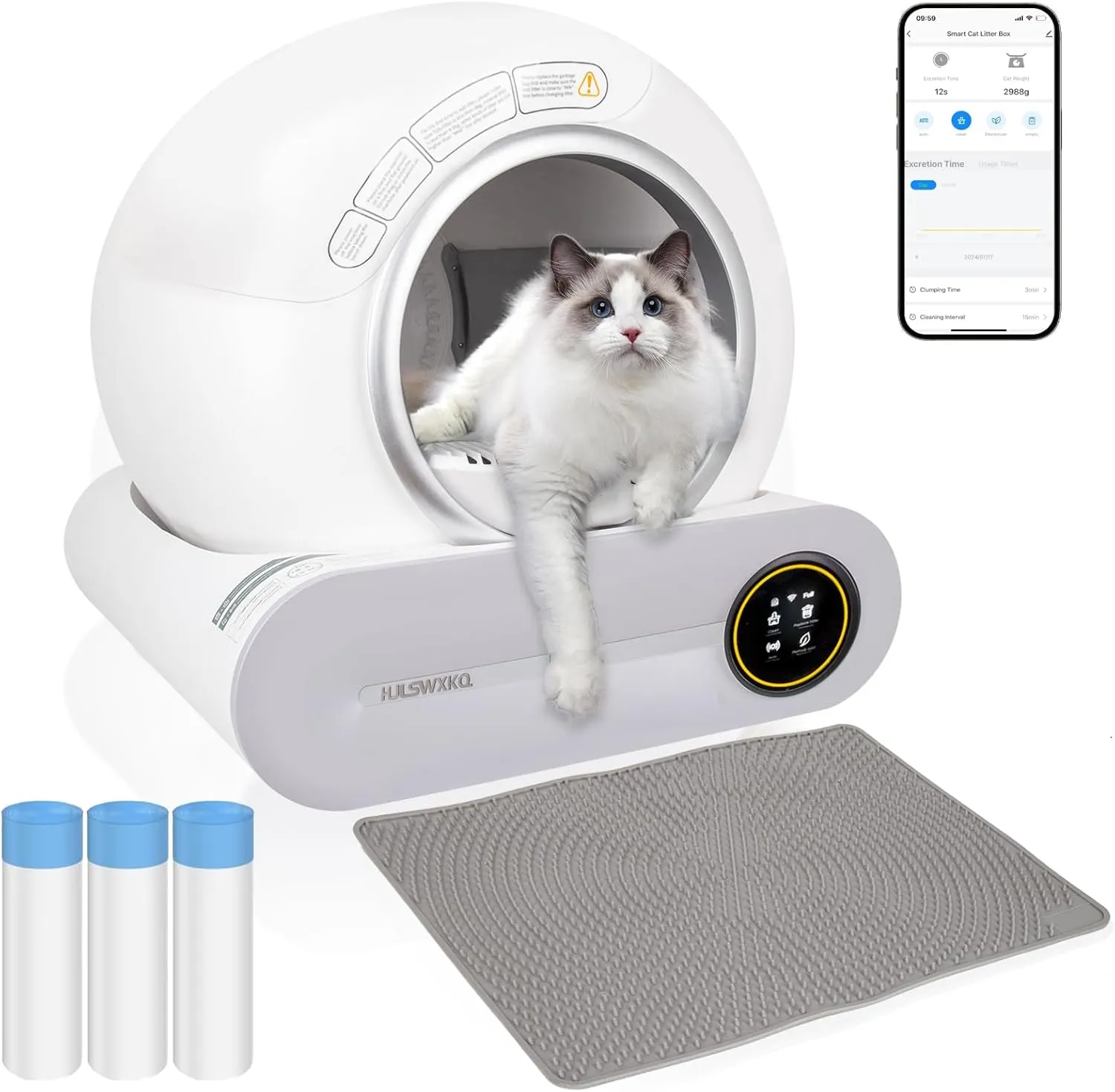 Self-Cleaning Litter Box, Automatic 65 L   9 L Large Capacity, APP Controlled, Suitable for Multiple Cats - White, Three Rolls of Garbage Bags & a Mat