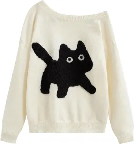 SHENHE Women's Cartoon Cat Graphic Off Shoulder Sweater Long Sleeve Loose Knit Pullover Tops