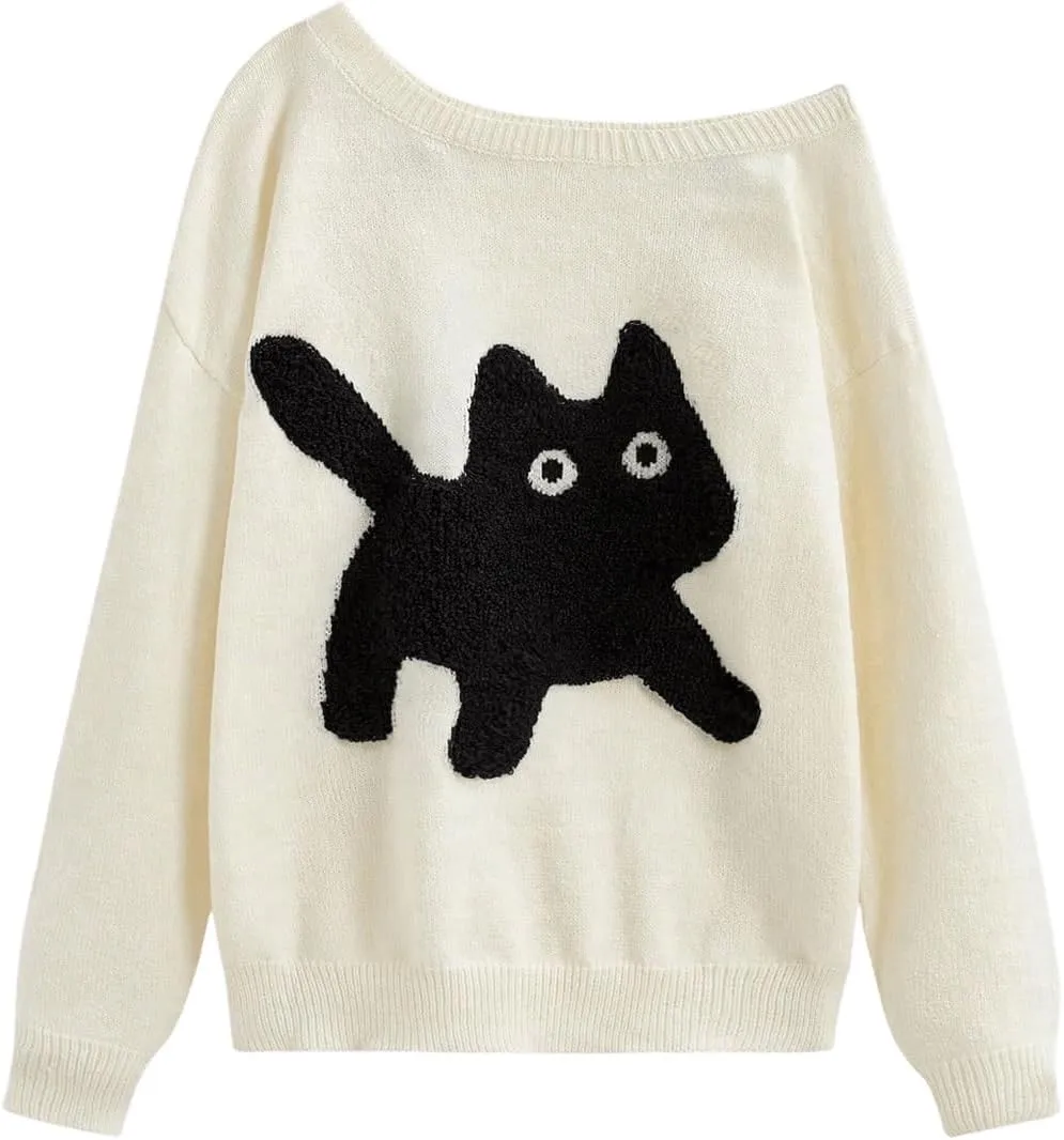 SHENHE Women's Cartoon Cat Graphic Off Shoulder Sweater Long Sleeve Loose Knit Pullover Tops