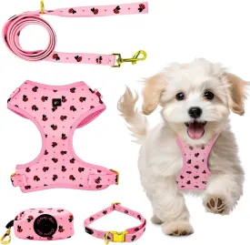 Small Dog Harness Set  No Pull Harness, Leash, Collar & Poop Bag Holder  Pink Red Bees Matching Set with Gold Hardware  Adjustable, Stylish, and Comfortable for Daily Walks- M Size